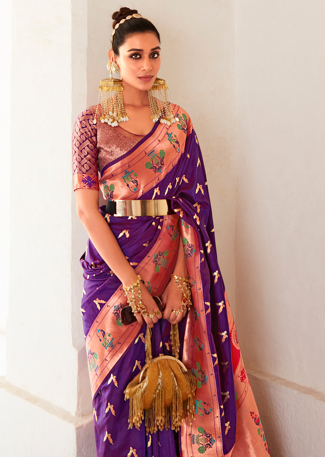 Purple Copper Zari Woven Traditional Paithani Silk Saree