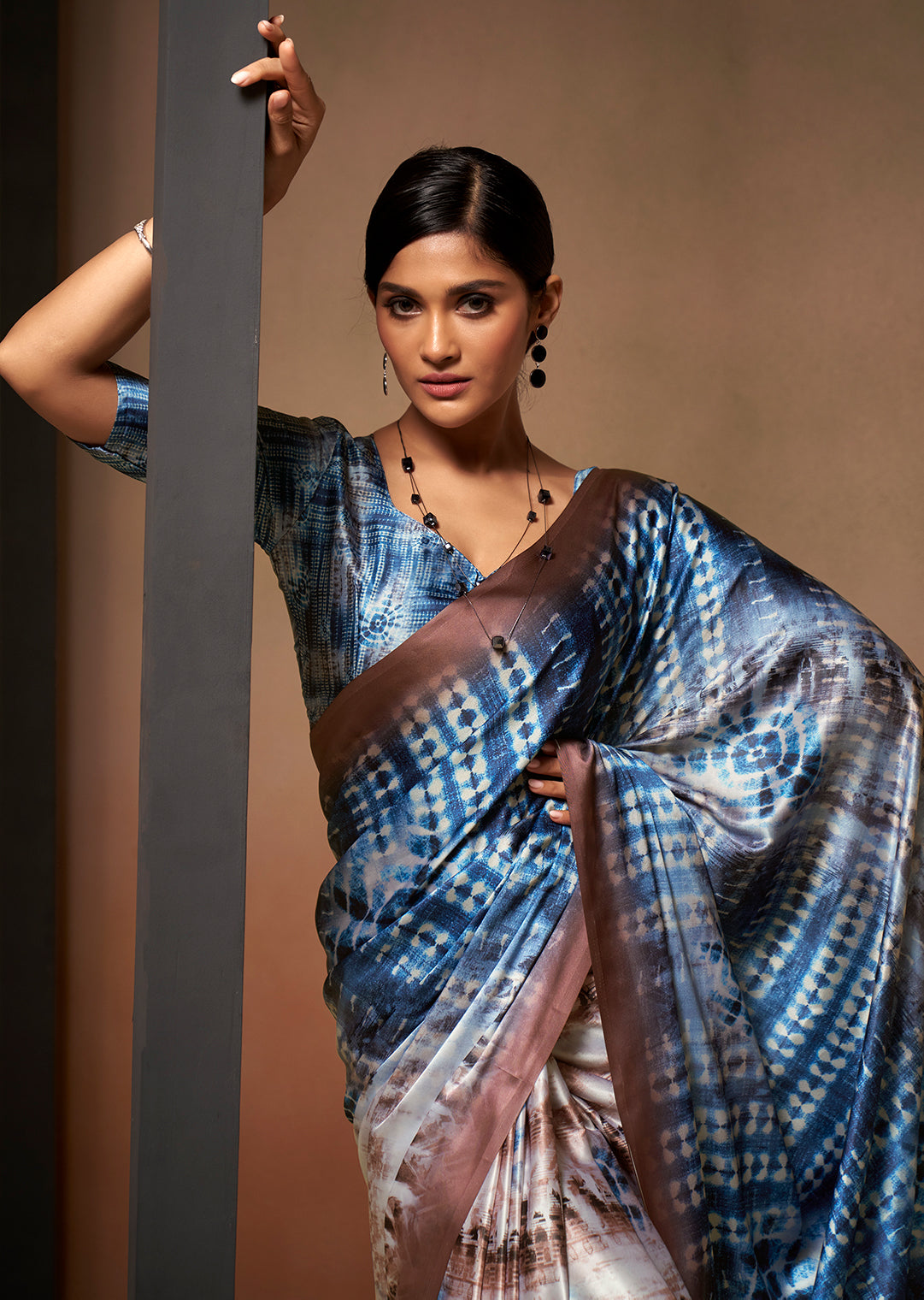 Steel Blue Woven Digital Printed Satin Crepe Silk Saree