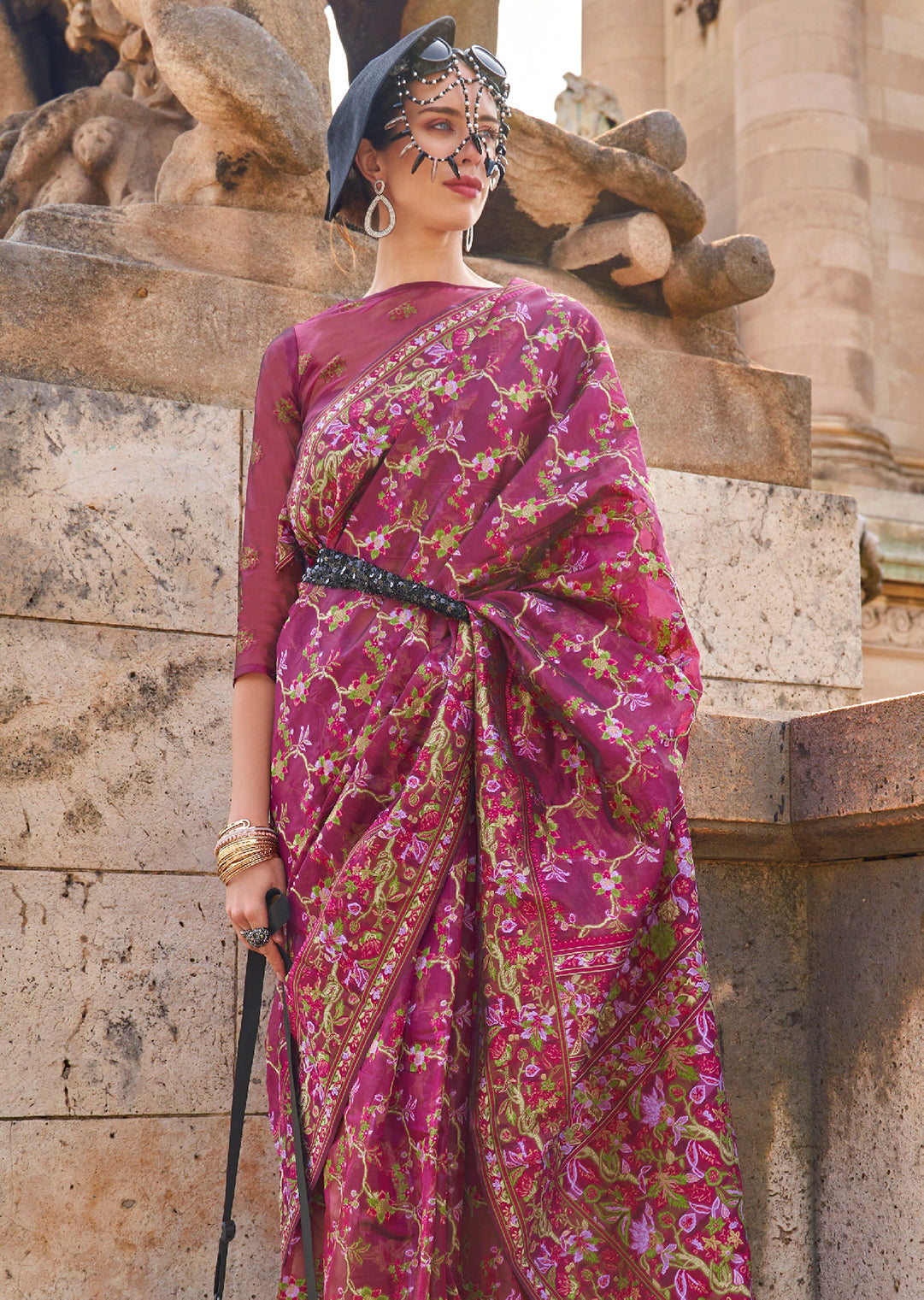 Magenta Purple Woven Pure Handloom Parsi Organza Silk Saree