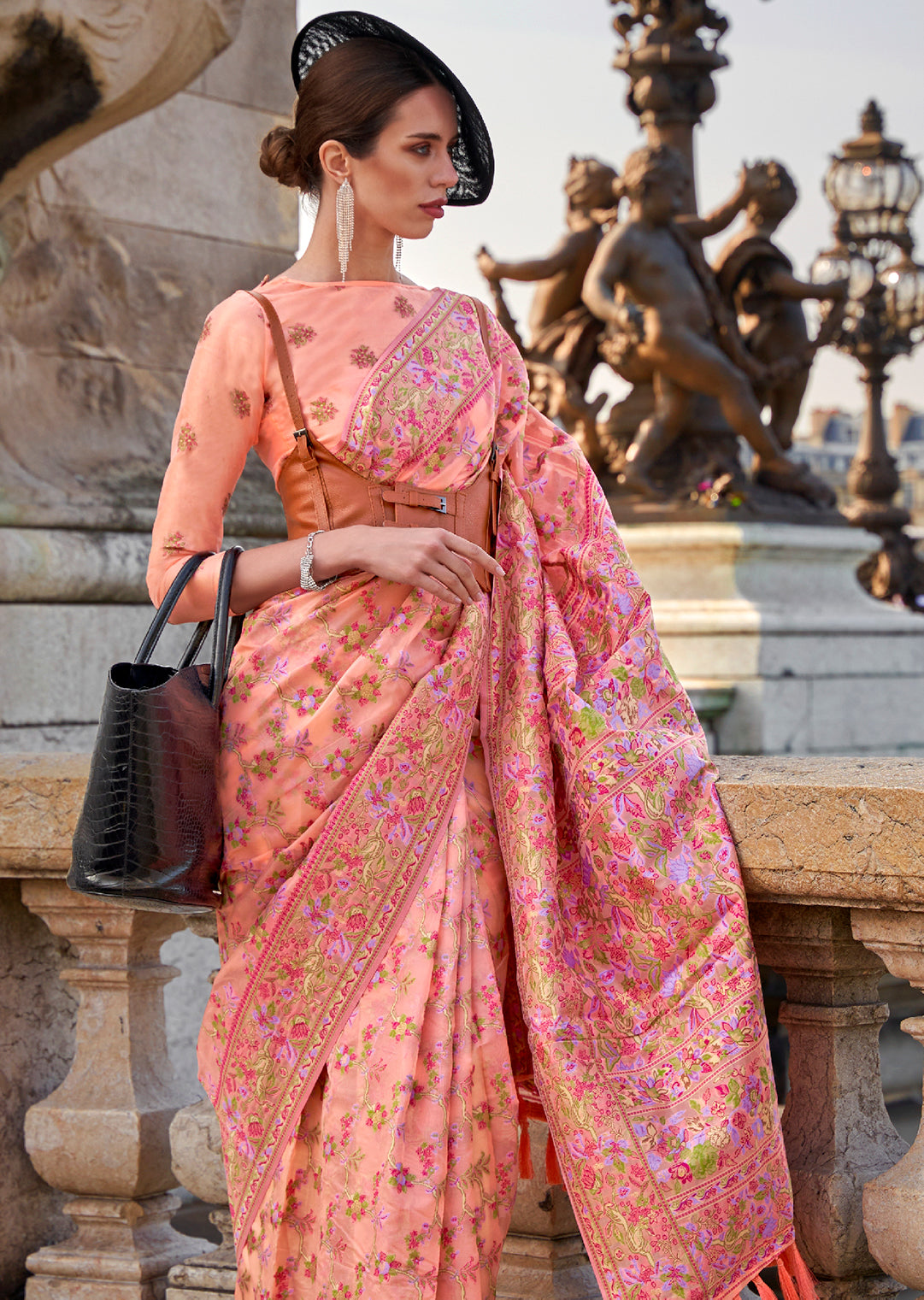 Peach Woven Pure Handloom Parsi Organza Silk Saree