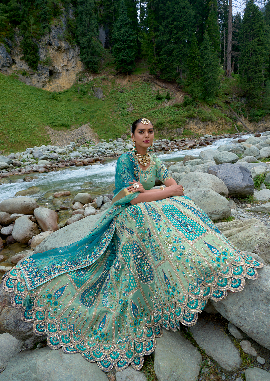 Mint Green Hand Worked Premium Designer Silk Lehenga