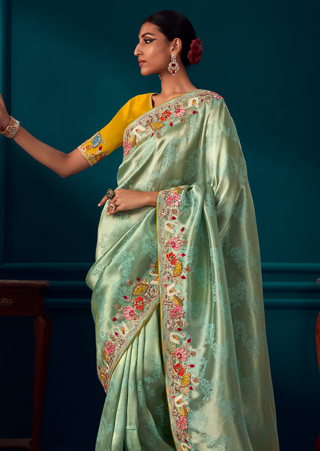 PISTA GREEN HEAVY EMBROIDERED BROCADE DESIGNER KANJIVARAM SILK SAREE