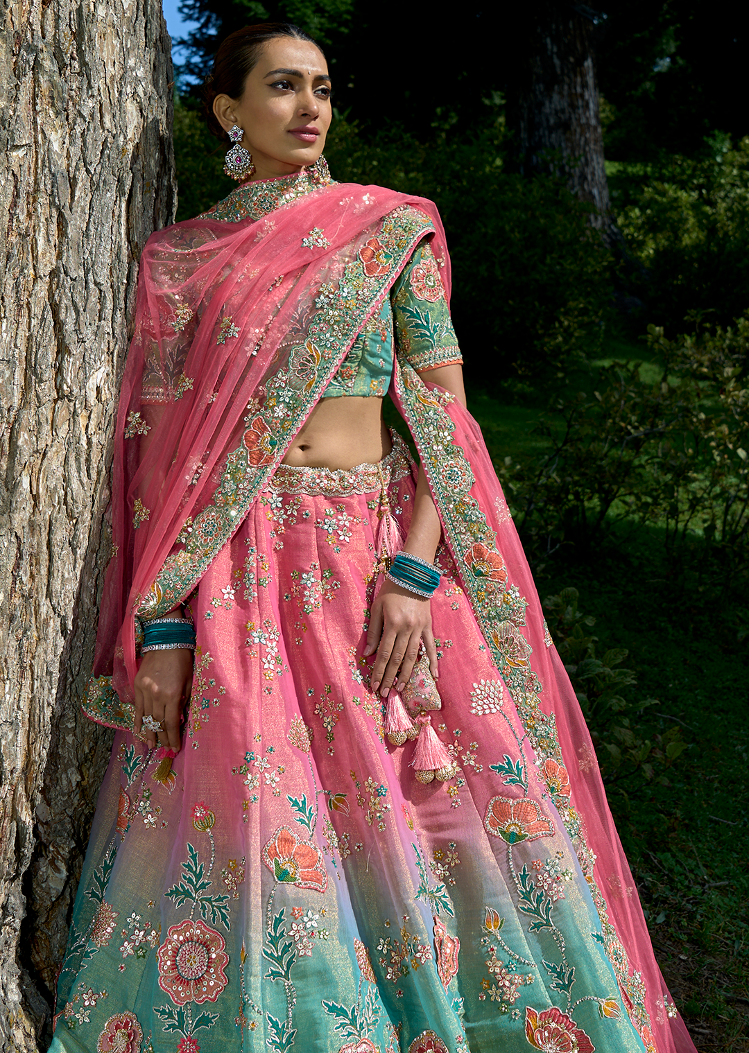 Carrot Pink & Pearl Aqua Hand Worked Premium Designer Silk Lehenga