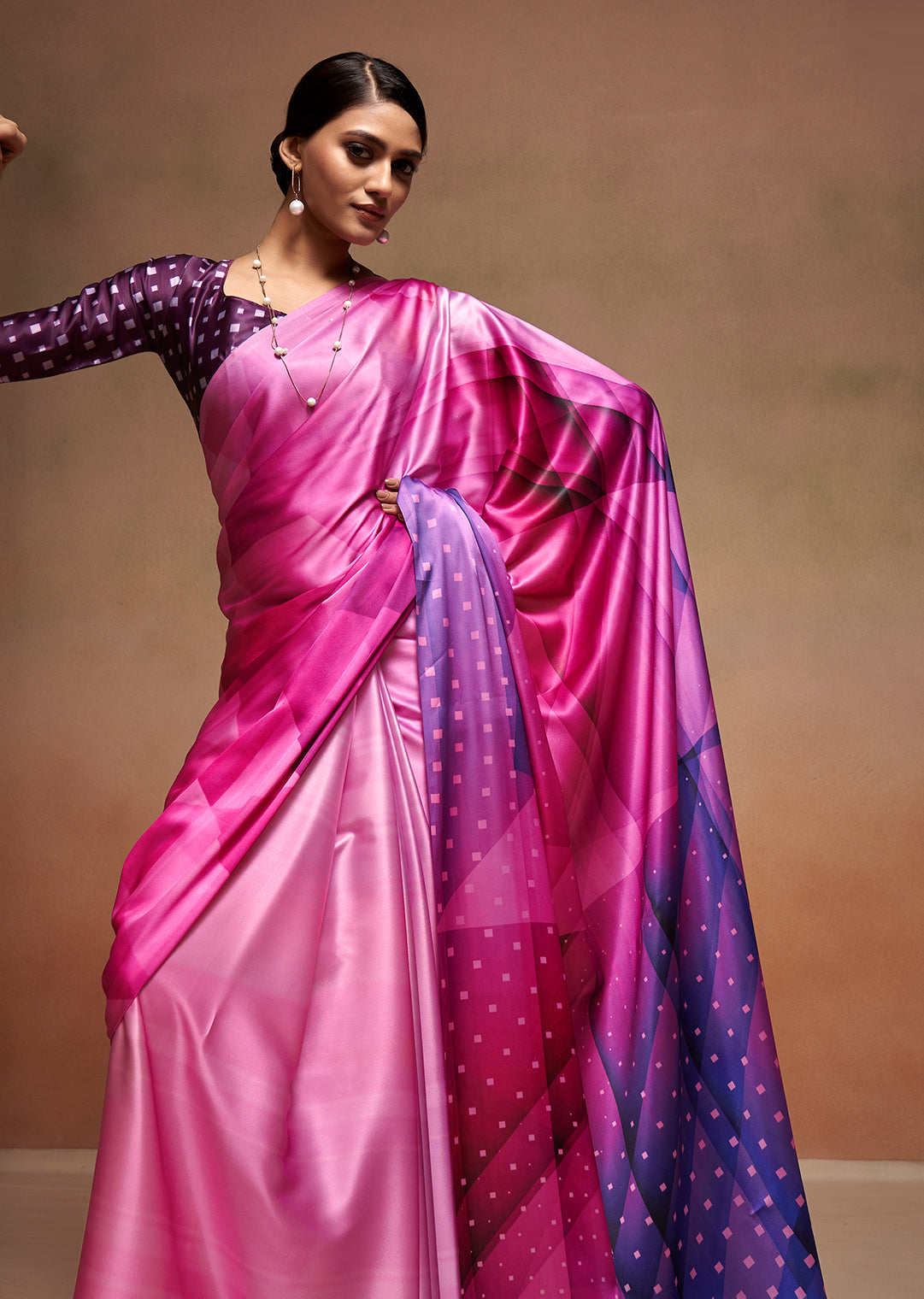 Pink Woven Digital Printed Satin Crepe Silk Saree