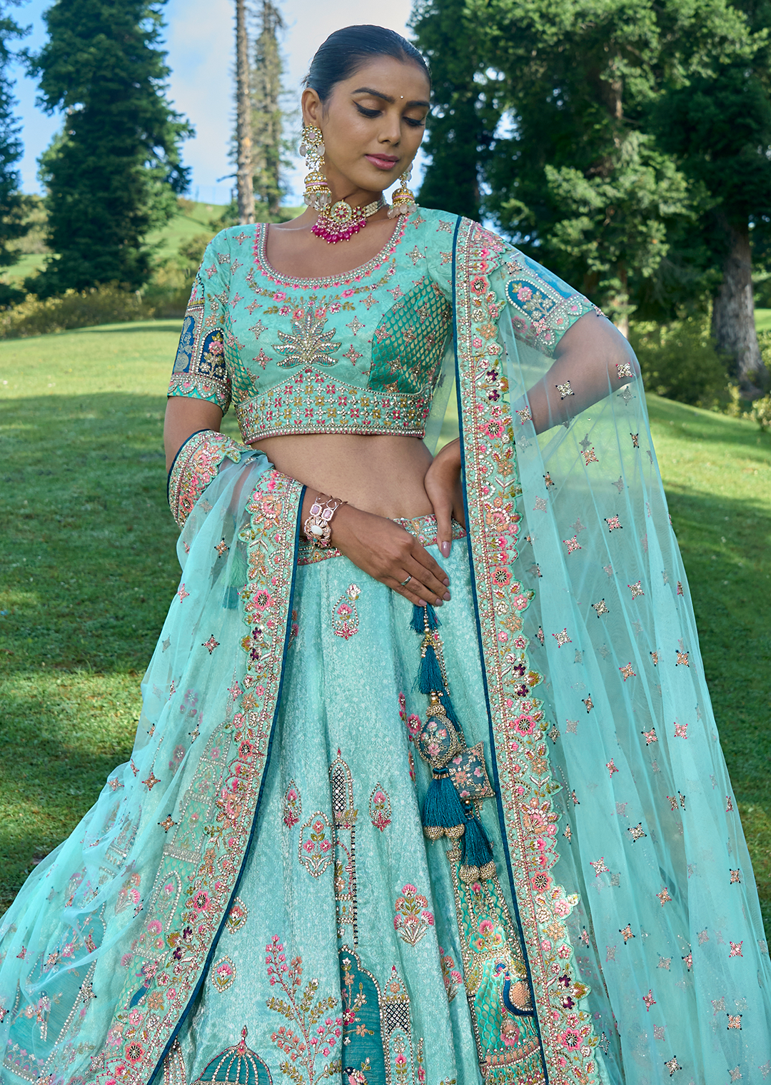 Aqua Blue Hand Worked Premium Designer Silk Lehenga