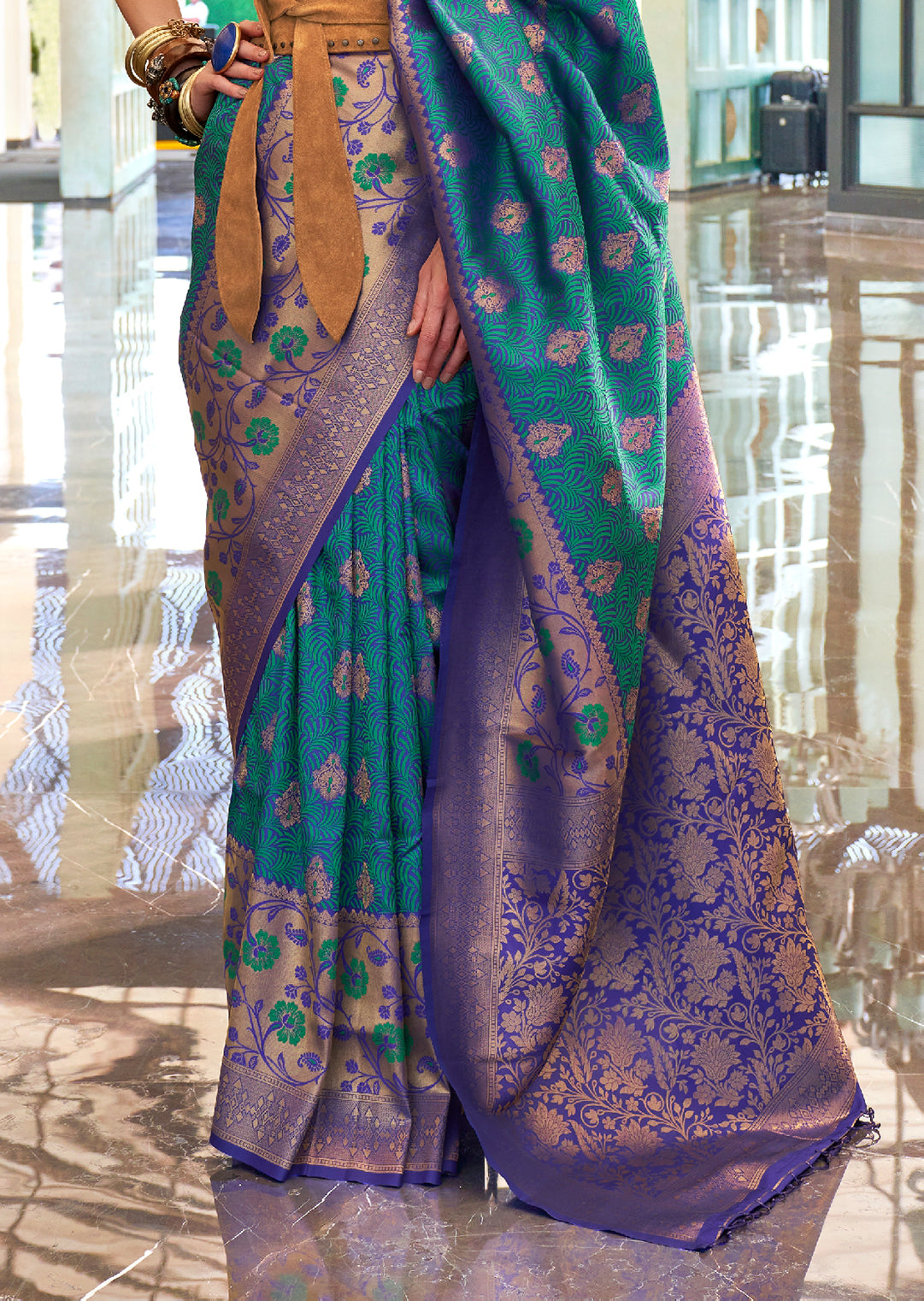 Teal Blue Woven Handloom Banarasi Silk Saree