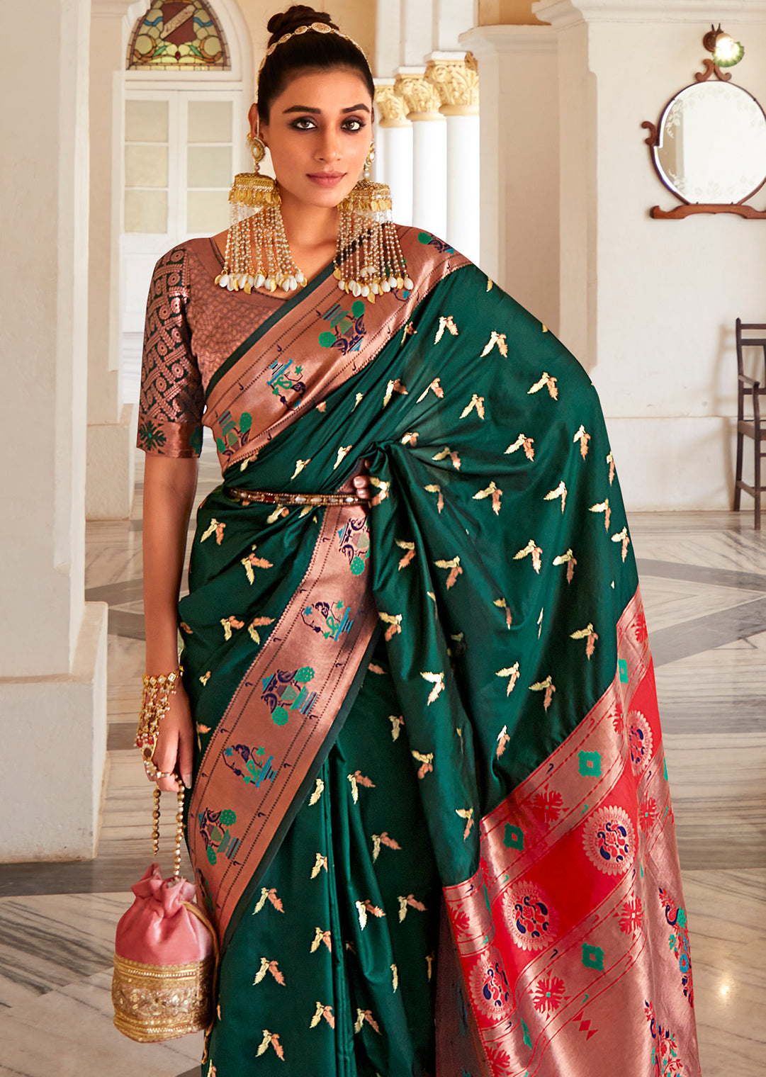 Bottle Green Copper Zari Woven Traditional Paithani Silk Saree