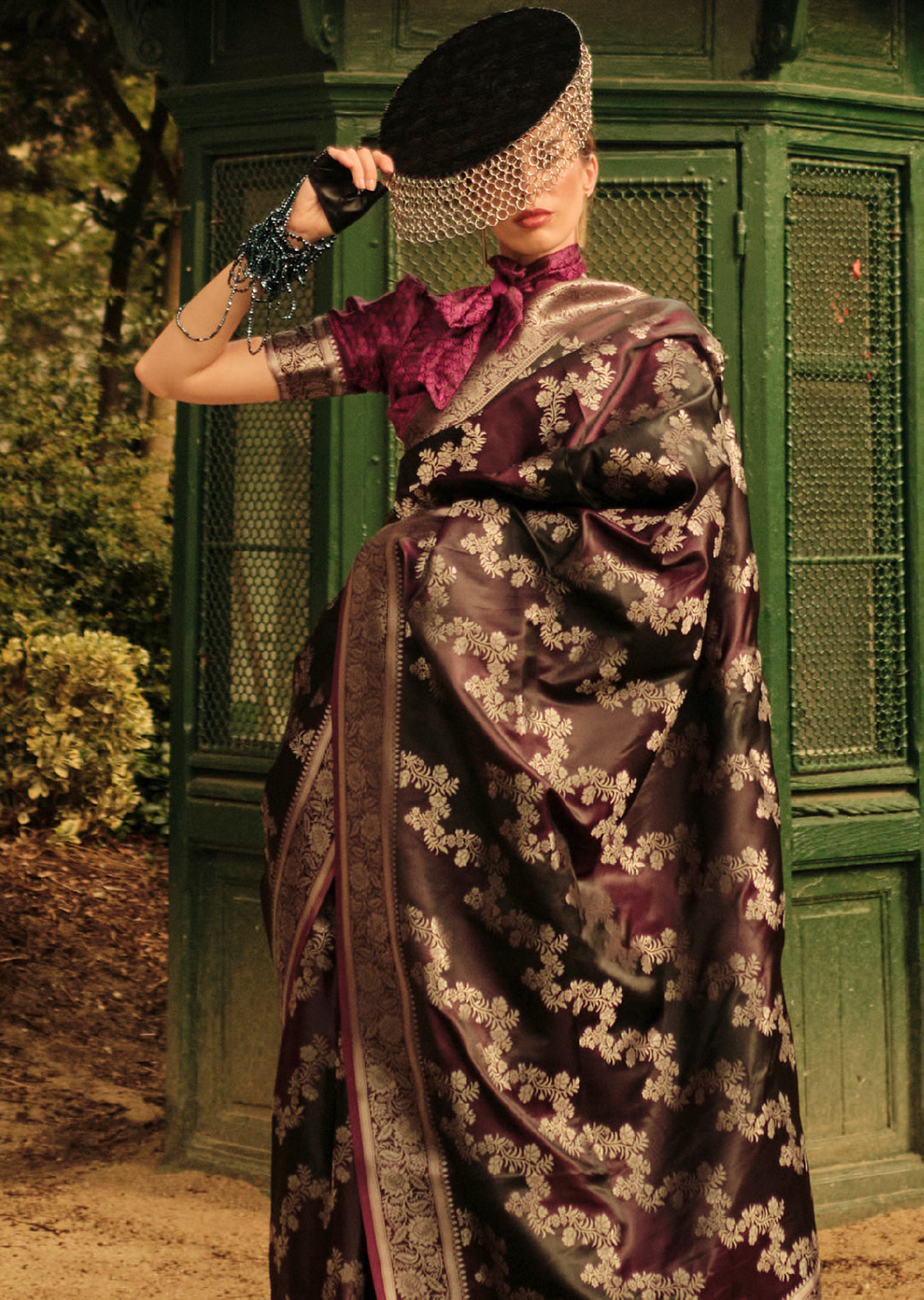 Burnt Maroon Woven Pure Handloom Banarasi Satin Silk Saree