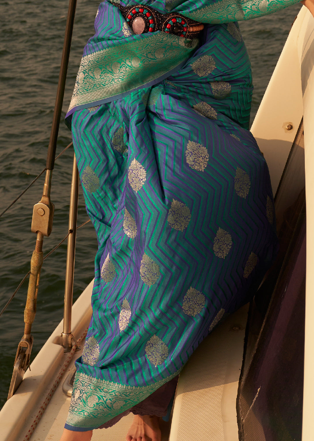 Sea Green Zari Woven Handloom Pure Banarasi Satin Silk Saree