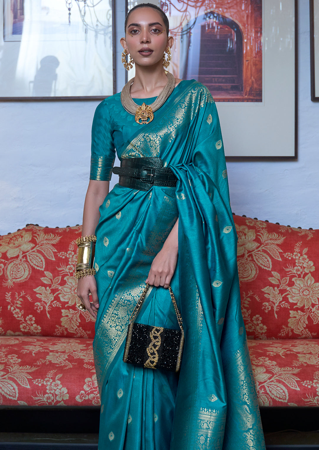 Teal Blue Zari Woven Pure Handloom Silk Saree