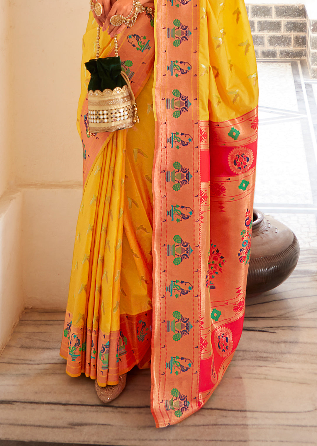 Yellow Copper Zari Woven Traditional Paithani Silk Saree