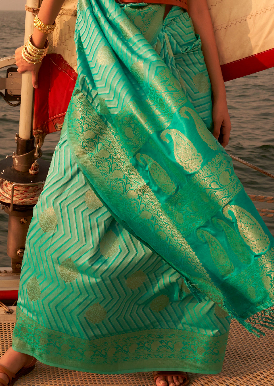 Tea Green Zari Woven Handloom Pure Banarasi Satin Silk Saree