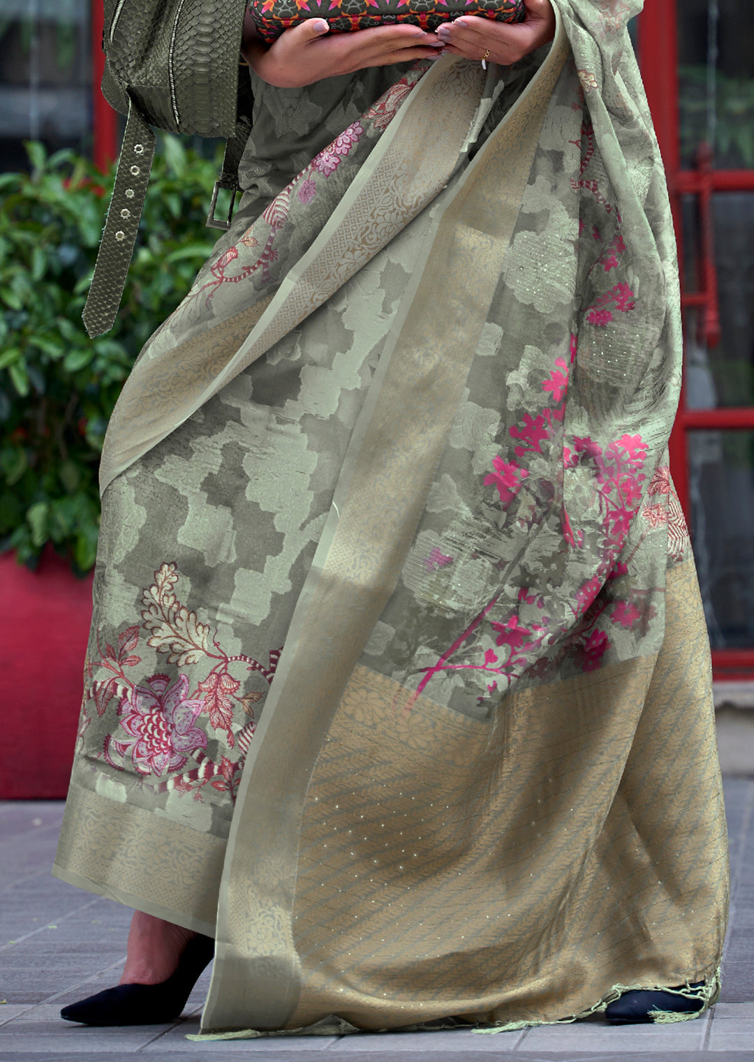 Tea Green Woven Printed Brasso Handloom Silk Saree