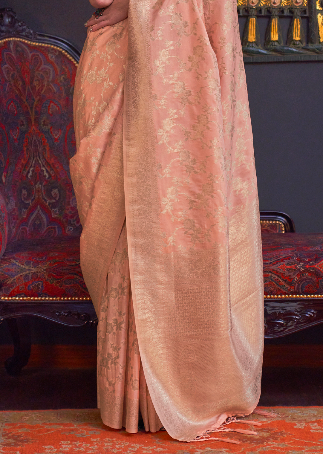 Peach Woven Pure Handloom Katan Silk Saree