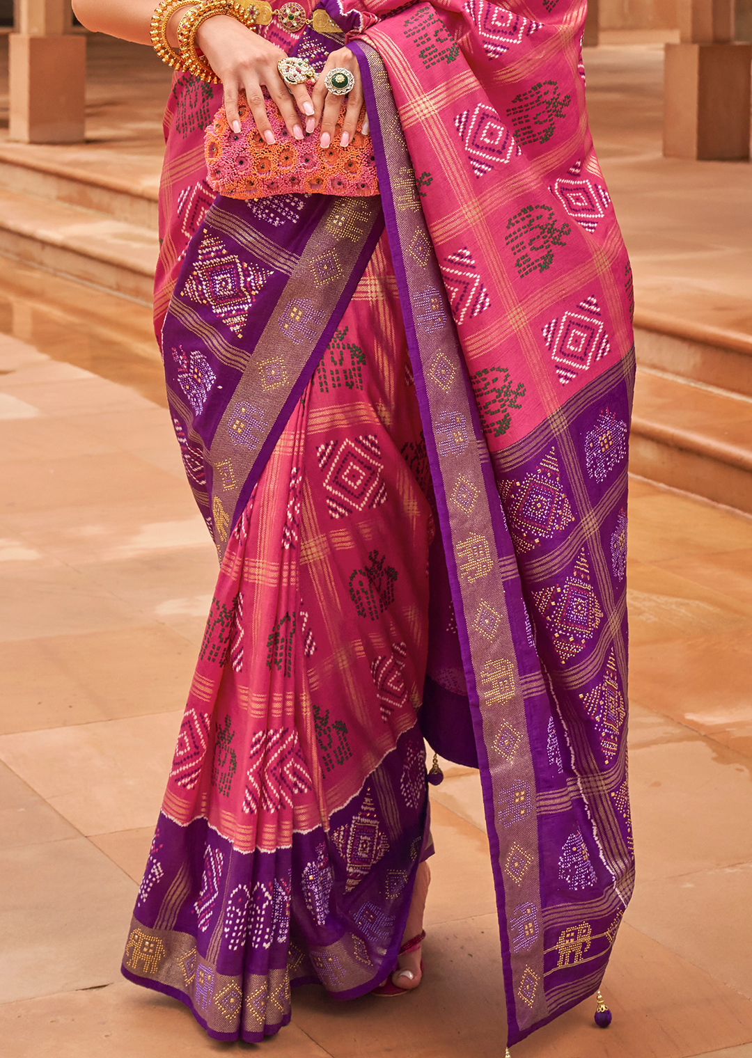 Brink Pink Woven Traditional Bandhani Patola Silk Saree