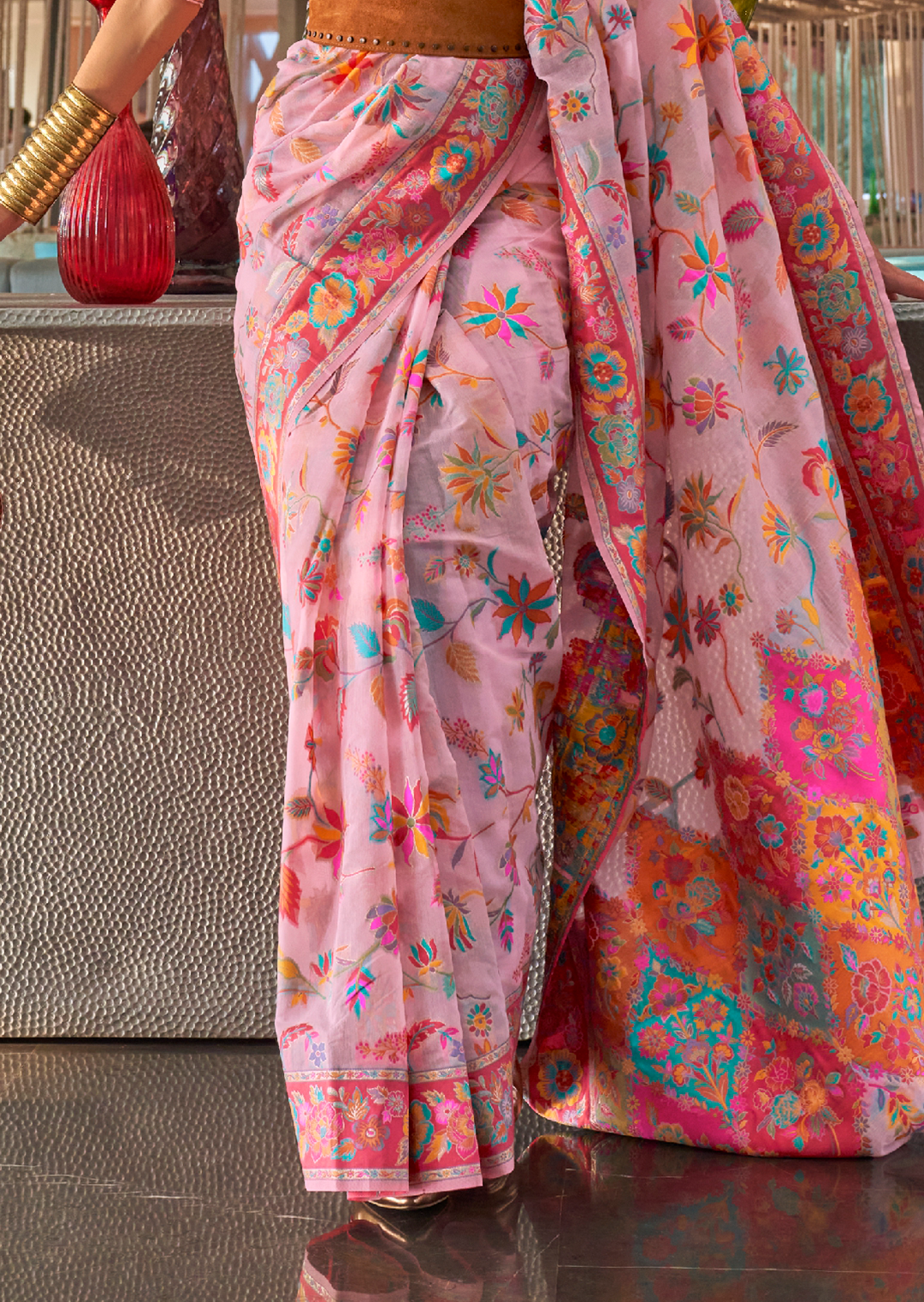 Carnation Pink Woven Pure Handloom Kashmiri Jamewar Silk Saree