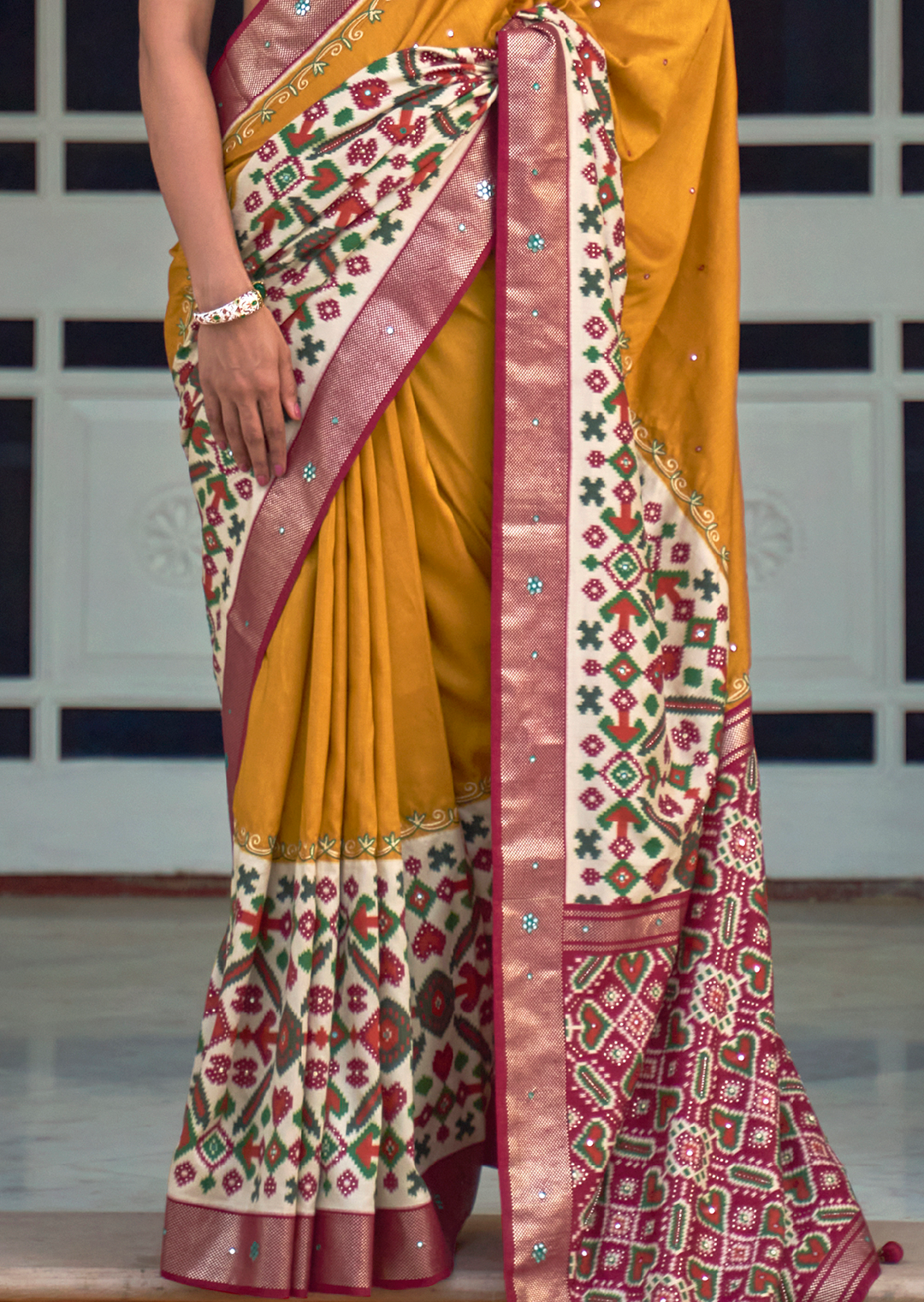 Mustard Yellow Woven Traditional Patola Silk Saree