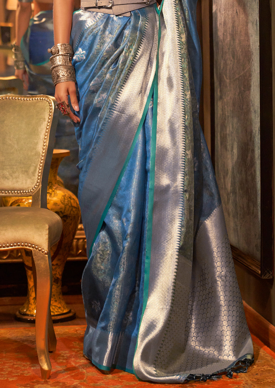 Steel Blue Zari Woven Two Tone Pure Handloom Organza Silk Saree