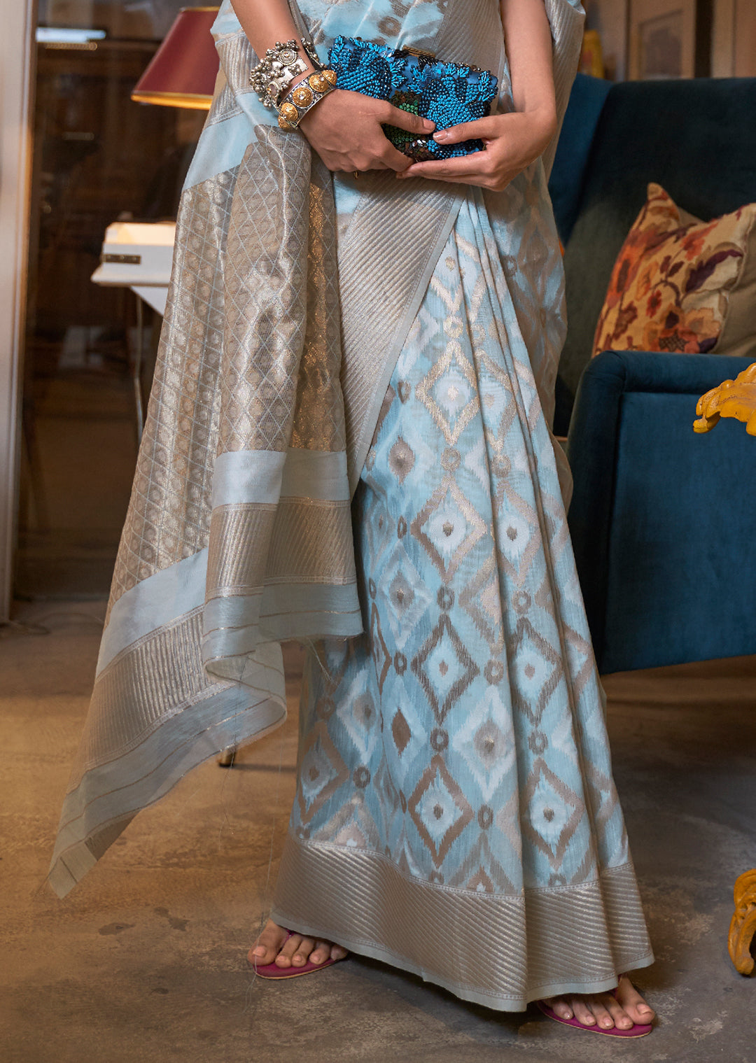 Sky Blue Woven Handloom Pure Linen Saree