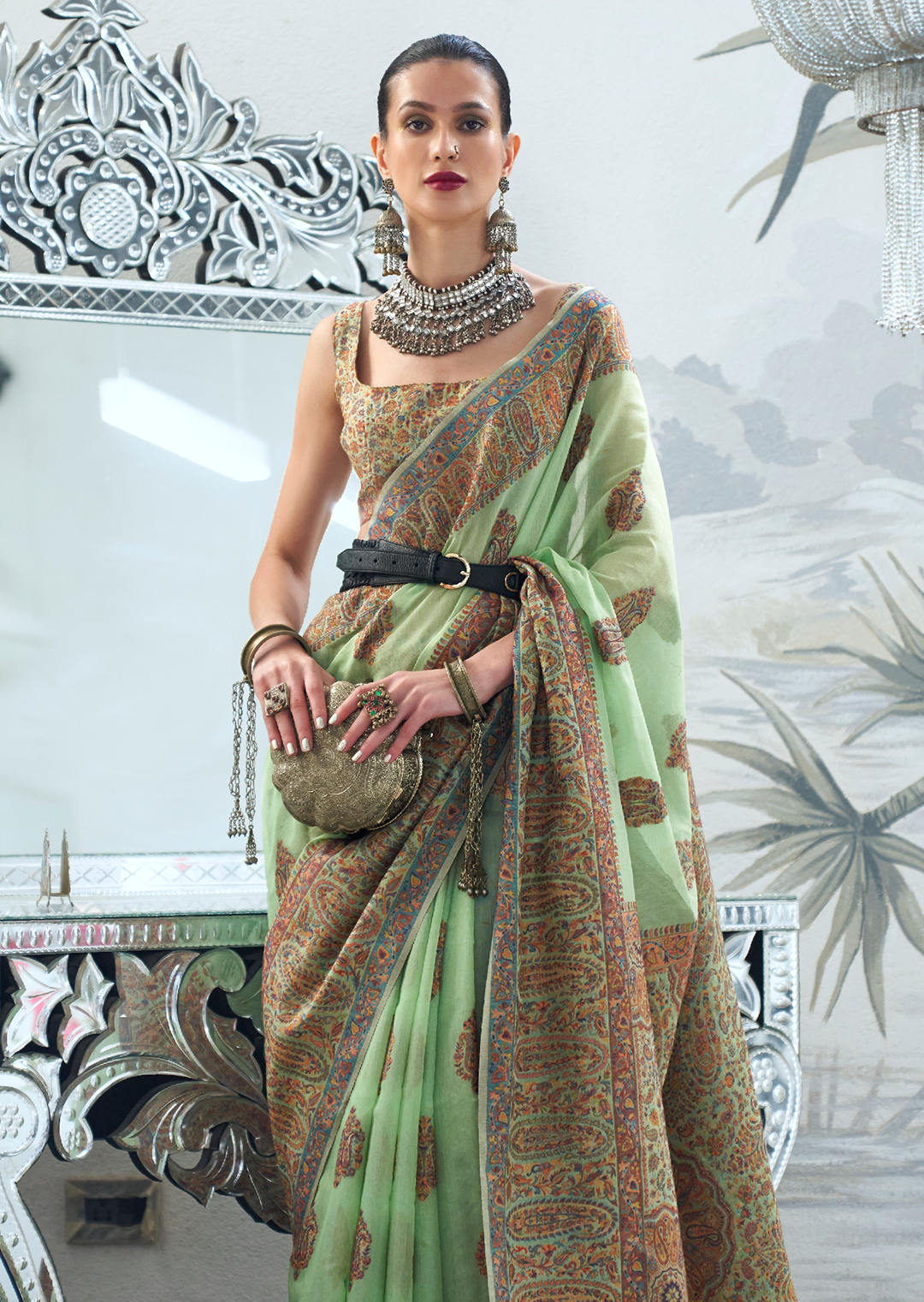 Tea Green Woven Pure Handloom Kashmiri Jamewar Saree