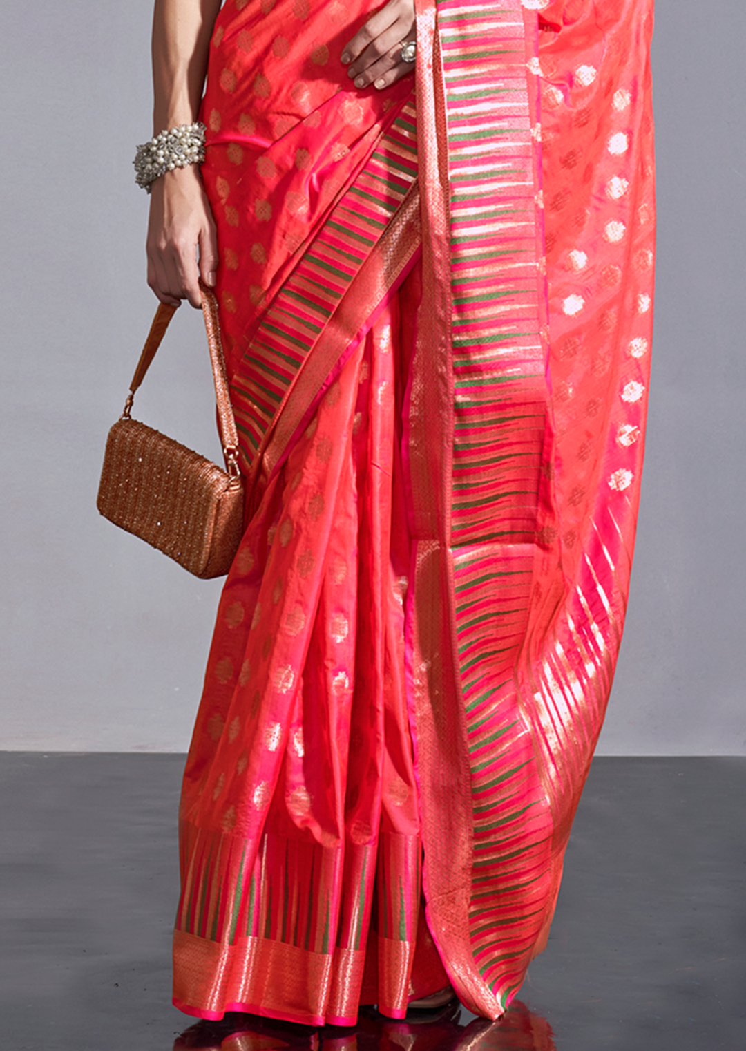 Coral Red Zari Woven Pure Handloom Gadwal Banarasi Silk Saree