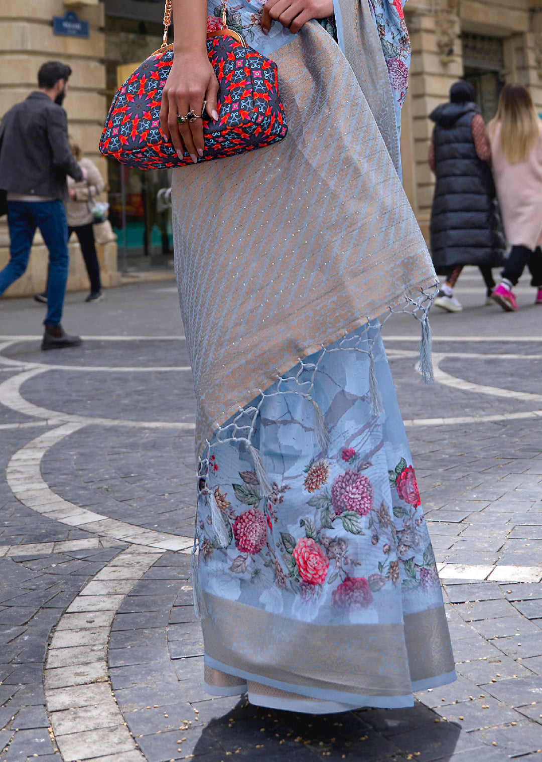 Sky Blue Woven Printed Brasso Handloom Silk Saree