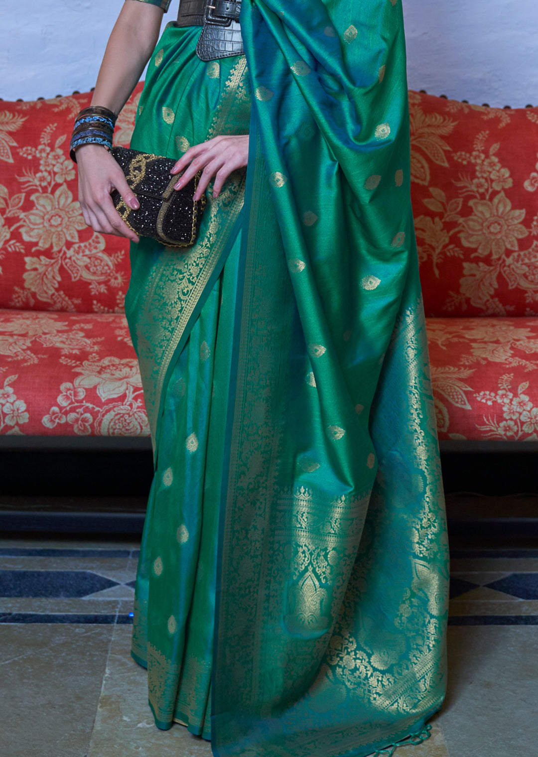 Peacock Green Zari Woven Pure Handloom Silk Saree