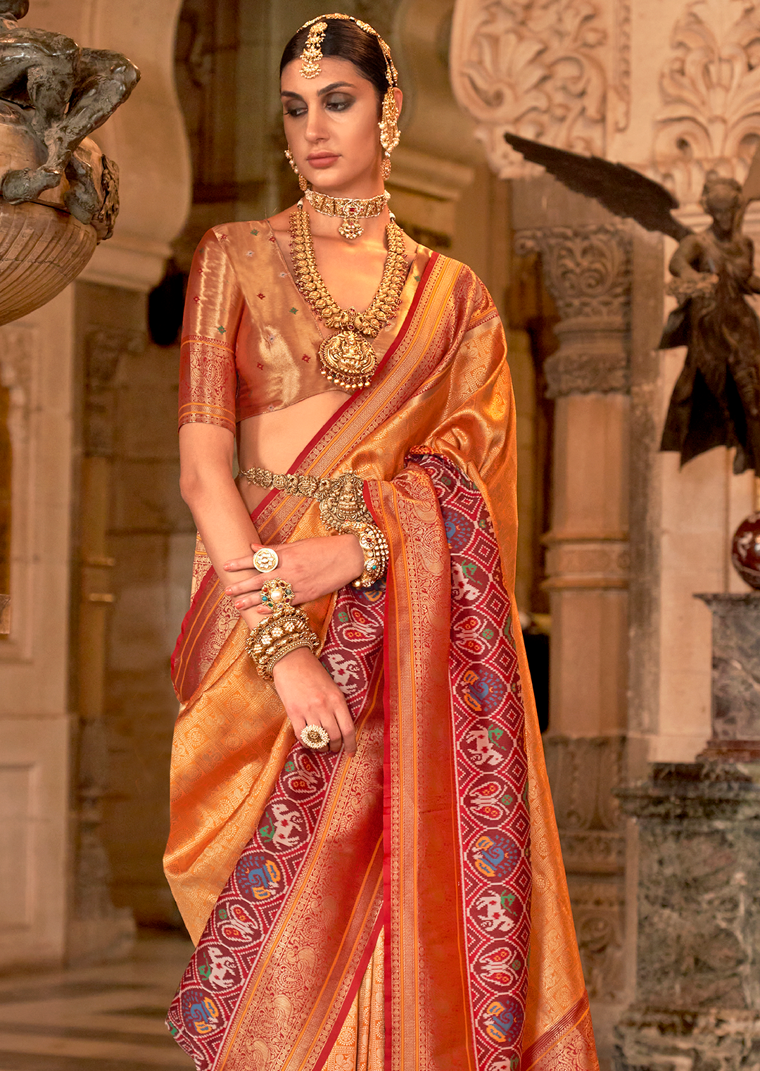 Mustard Yellow & Red	Woven Royal Patola Kanjivaram Silk Saree