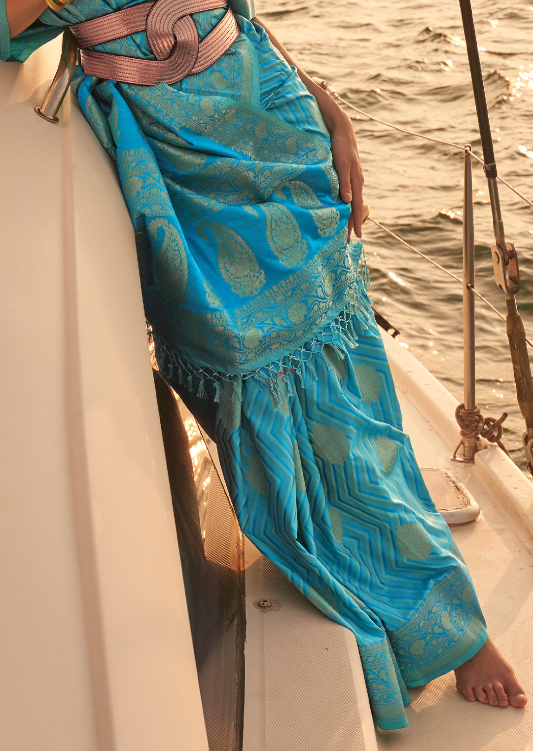 Deep Sky Blue Zari Woven Handloom Pure Banarasi Satin Silk Saree