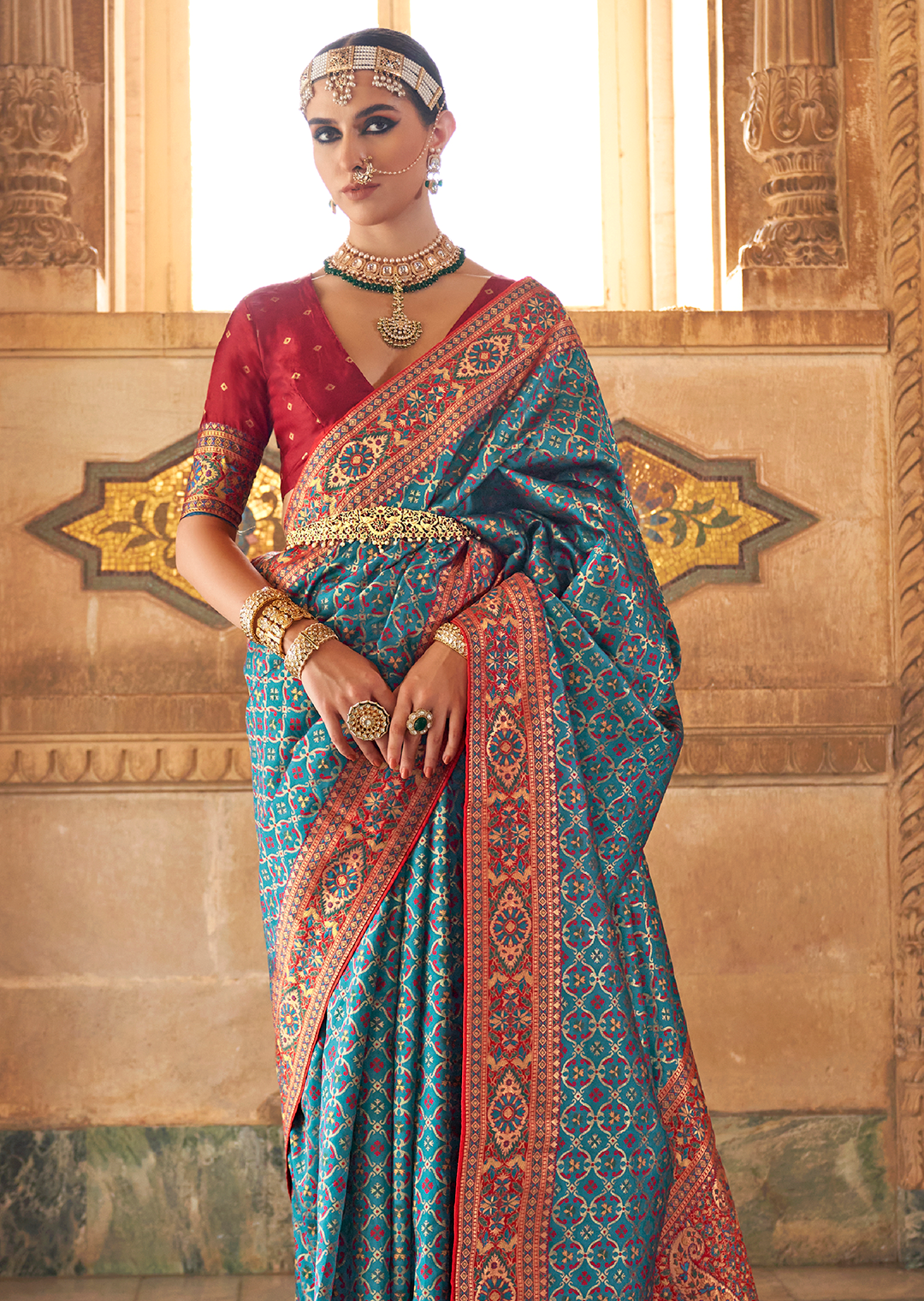 Teal Blue Traditional Royal Patola Silk Saree