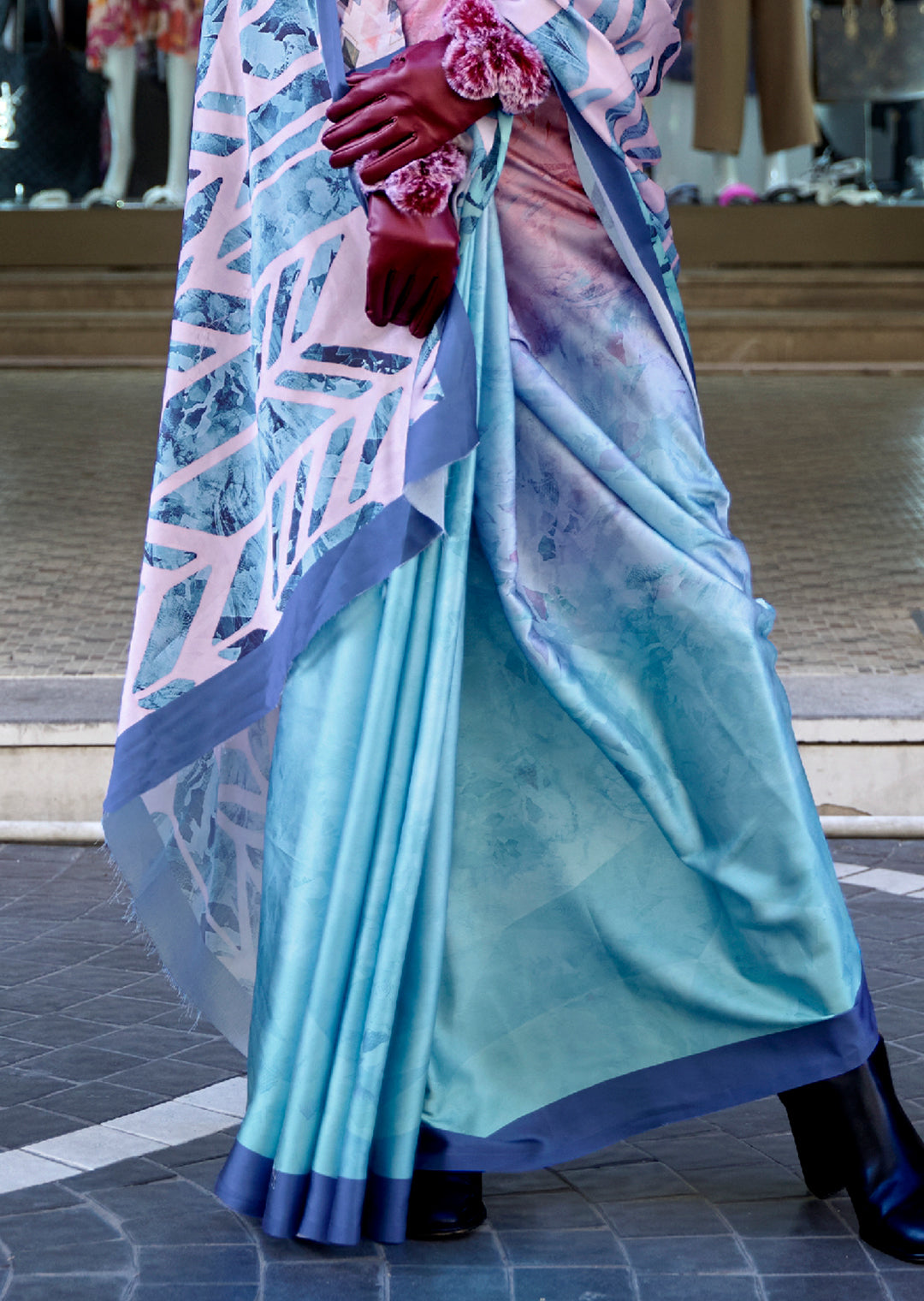 Powder Blue Woven Digital Printed Satin Crepe Silk Saree