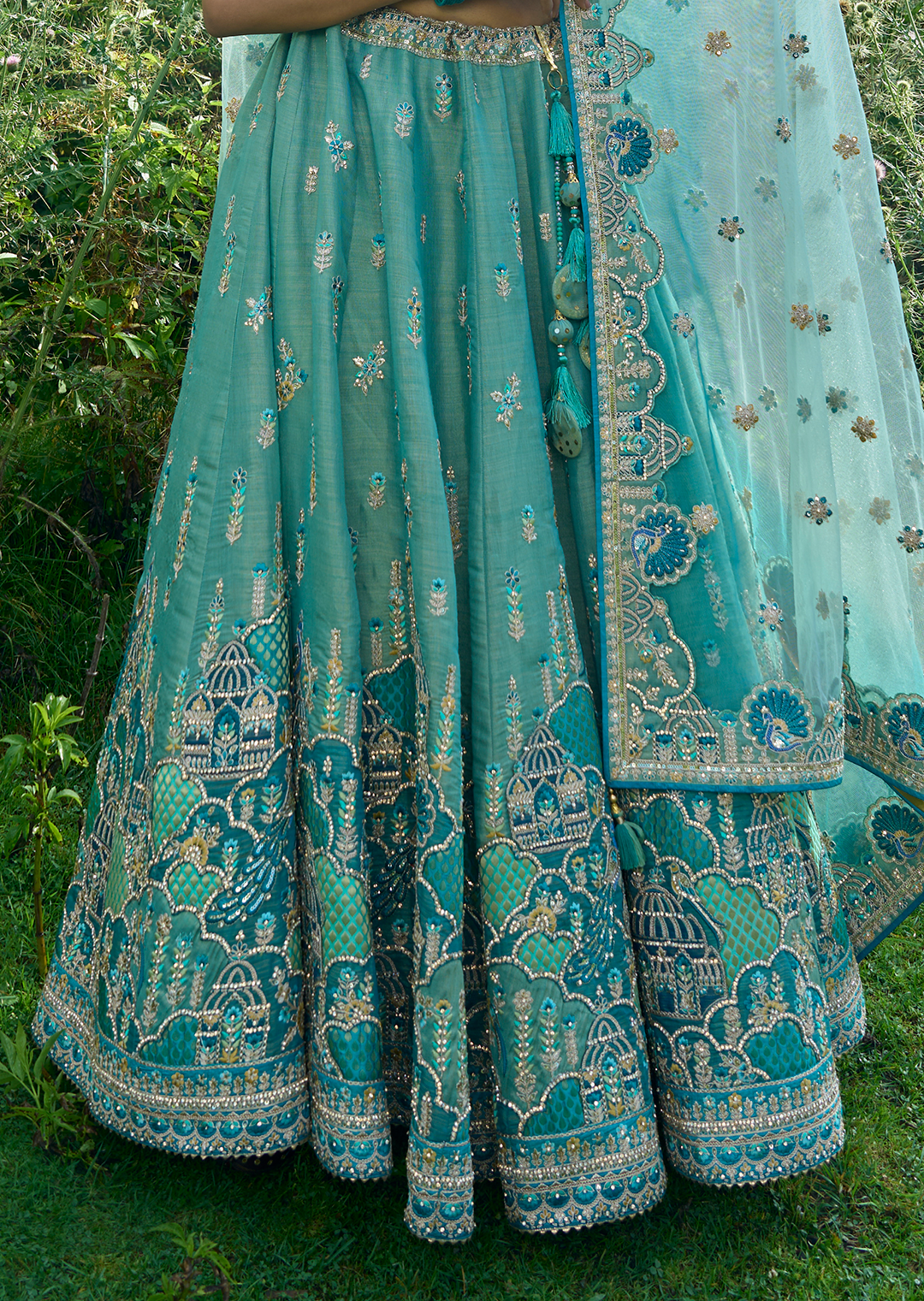 Aqua Marine Blue Hand Worked Premium Designer Silk Lehenga