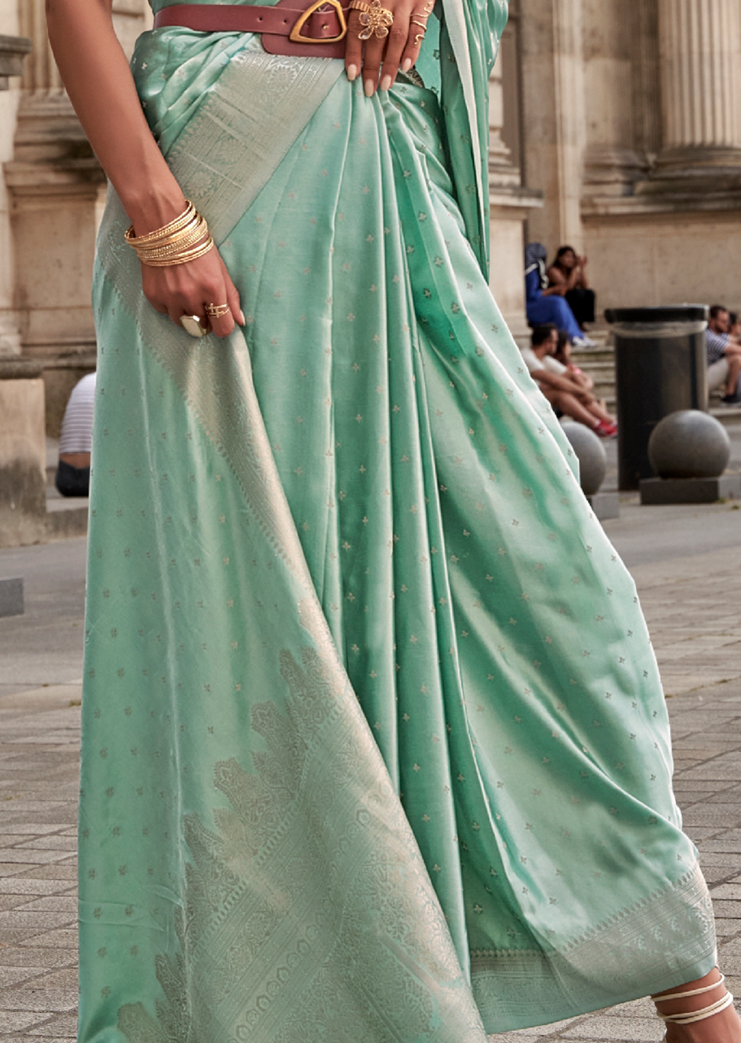 Mint Green Zari Woven Handloom Pure Banarasi Satin Silk Saree