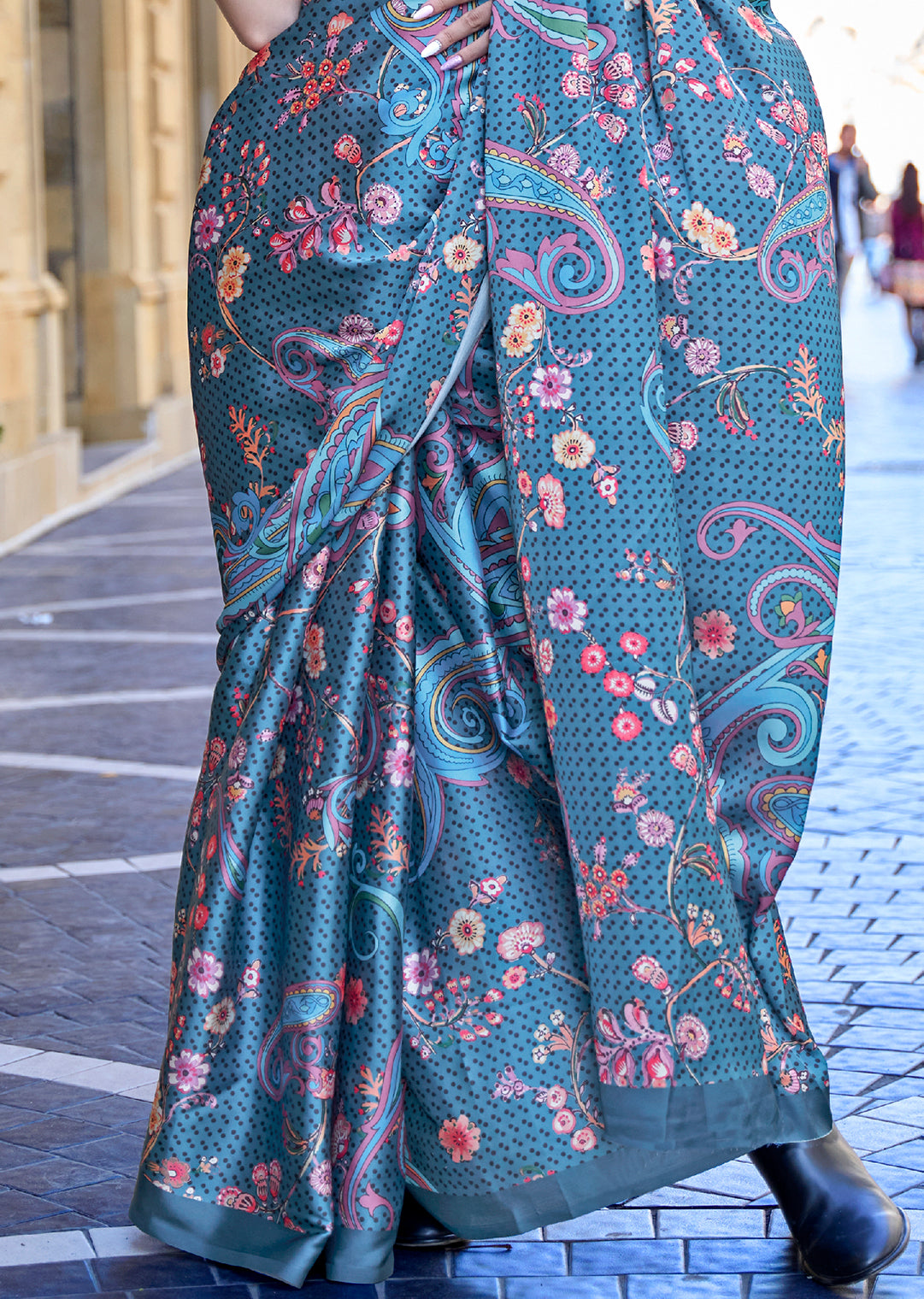 Steel Blue Woven Digital Printed Satin Crepe Silk Saree