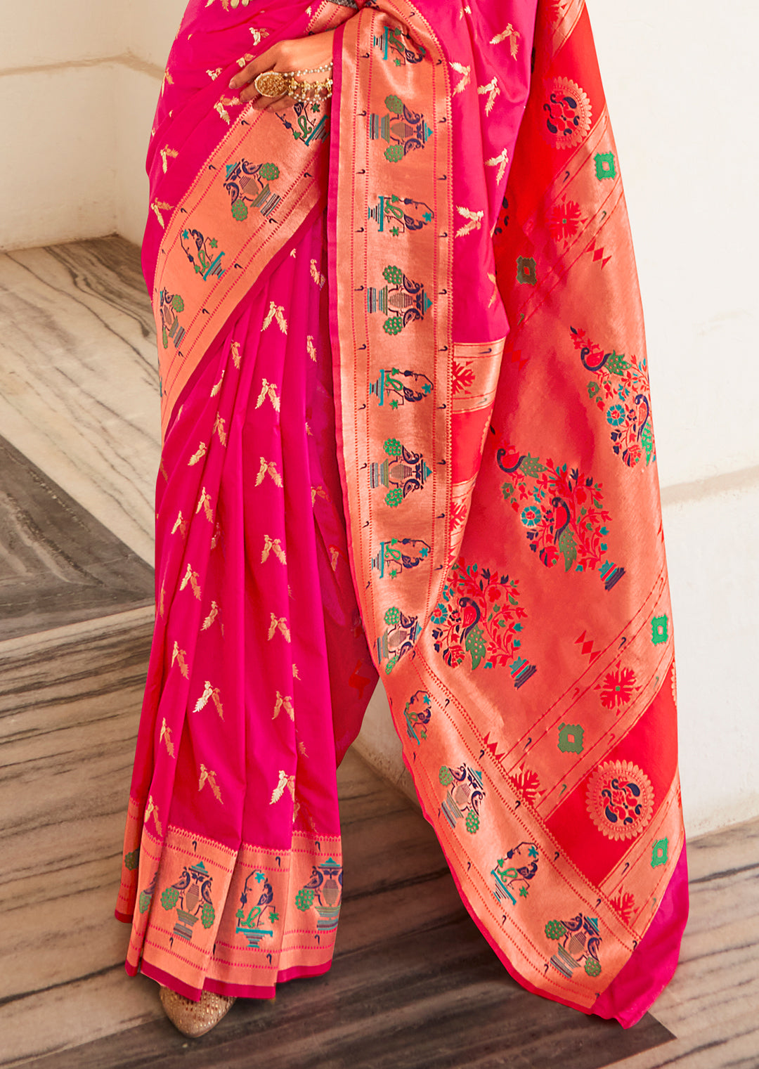 Hot Pink Copper Zari Woven Traditional Paithani Silk Saree