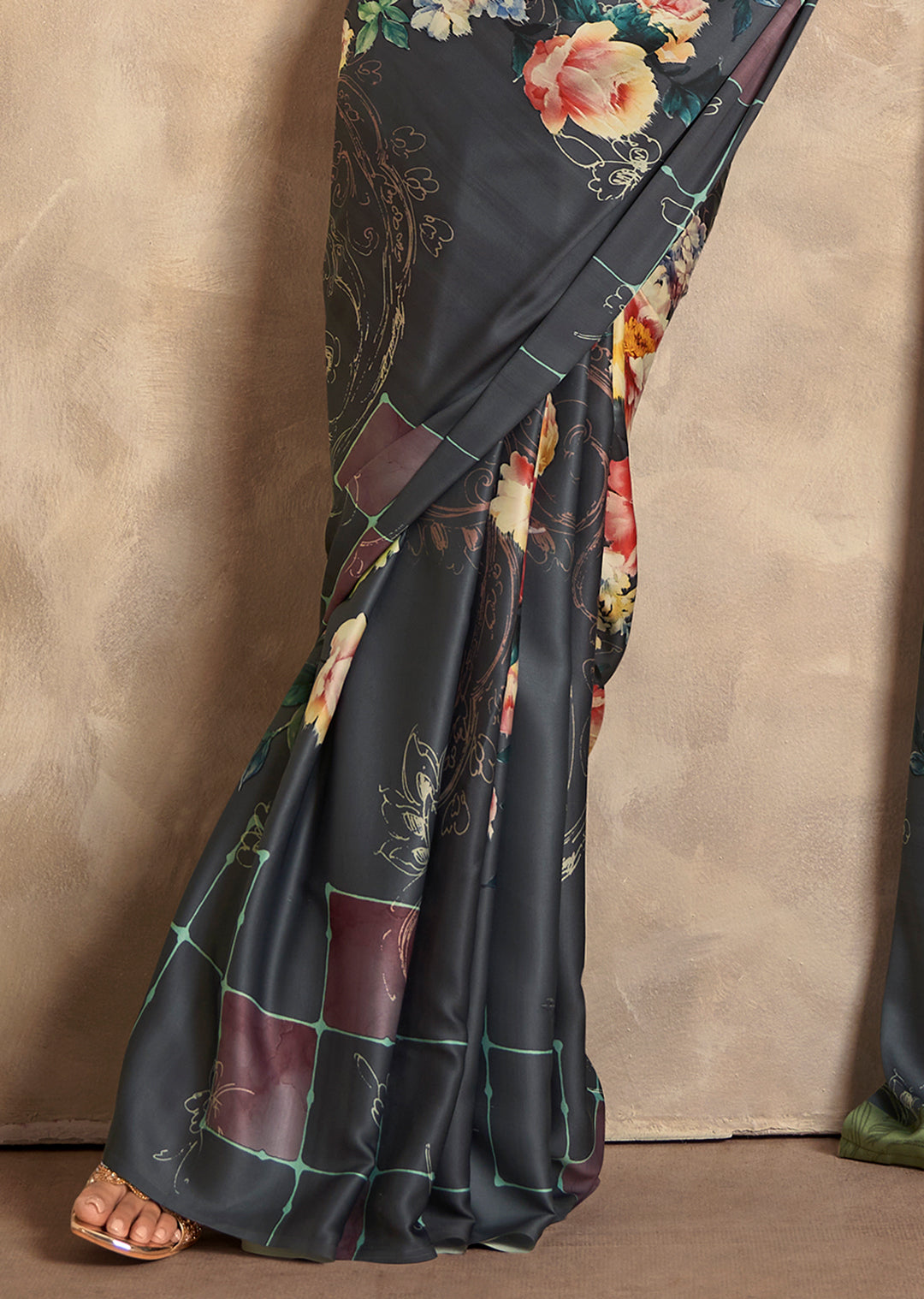 Deep Grey Woven Digital Printed Crepe Silk Saree