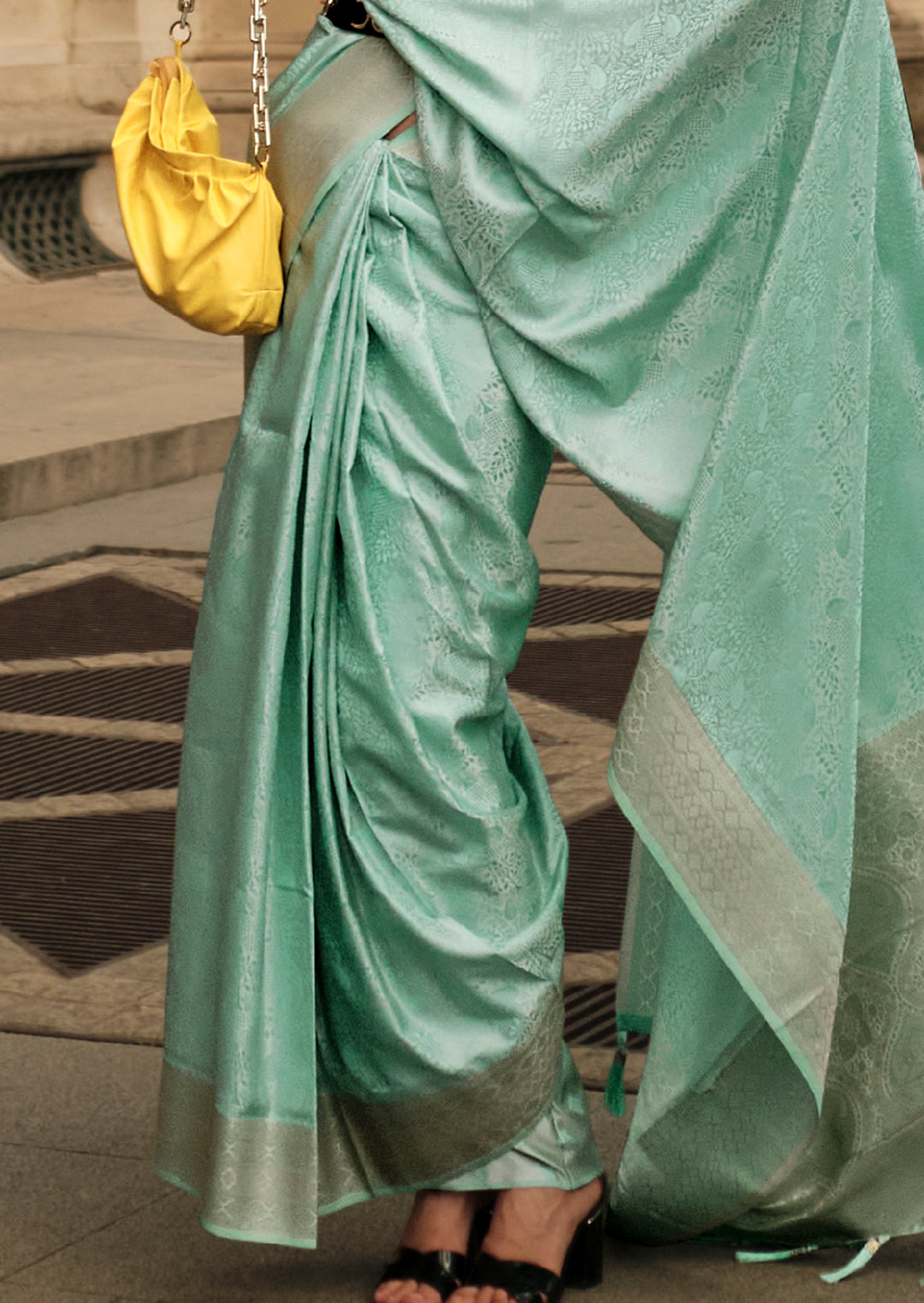 Mint Green Woven Handloom Pure Satin Silk Saree