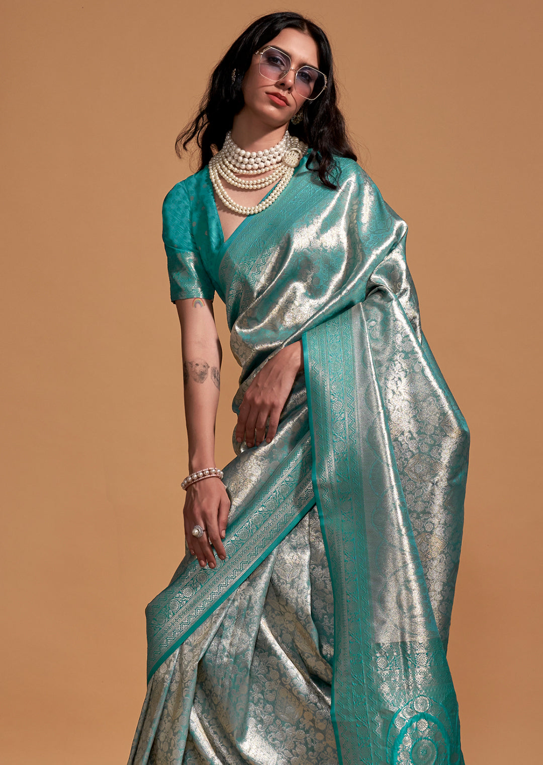 Turquoise Blue Zari Woven Pure Handloom Kanjivaram Silk Saree