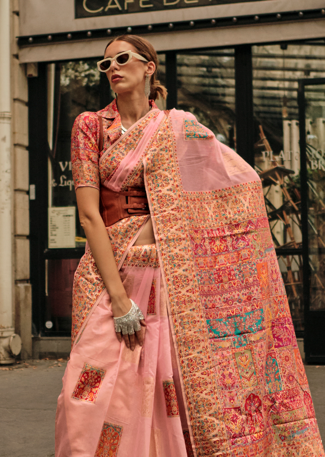 Crepe Pink Woven Pure Handloom Kashmiri Jamewar Silk Saree