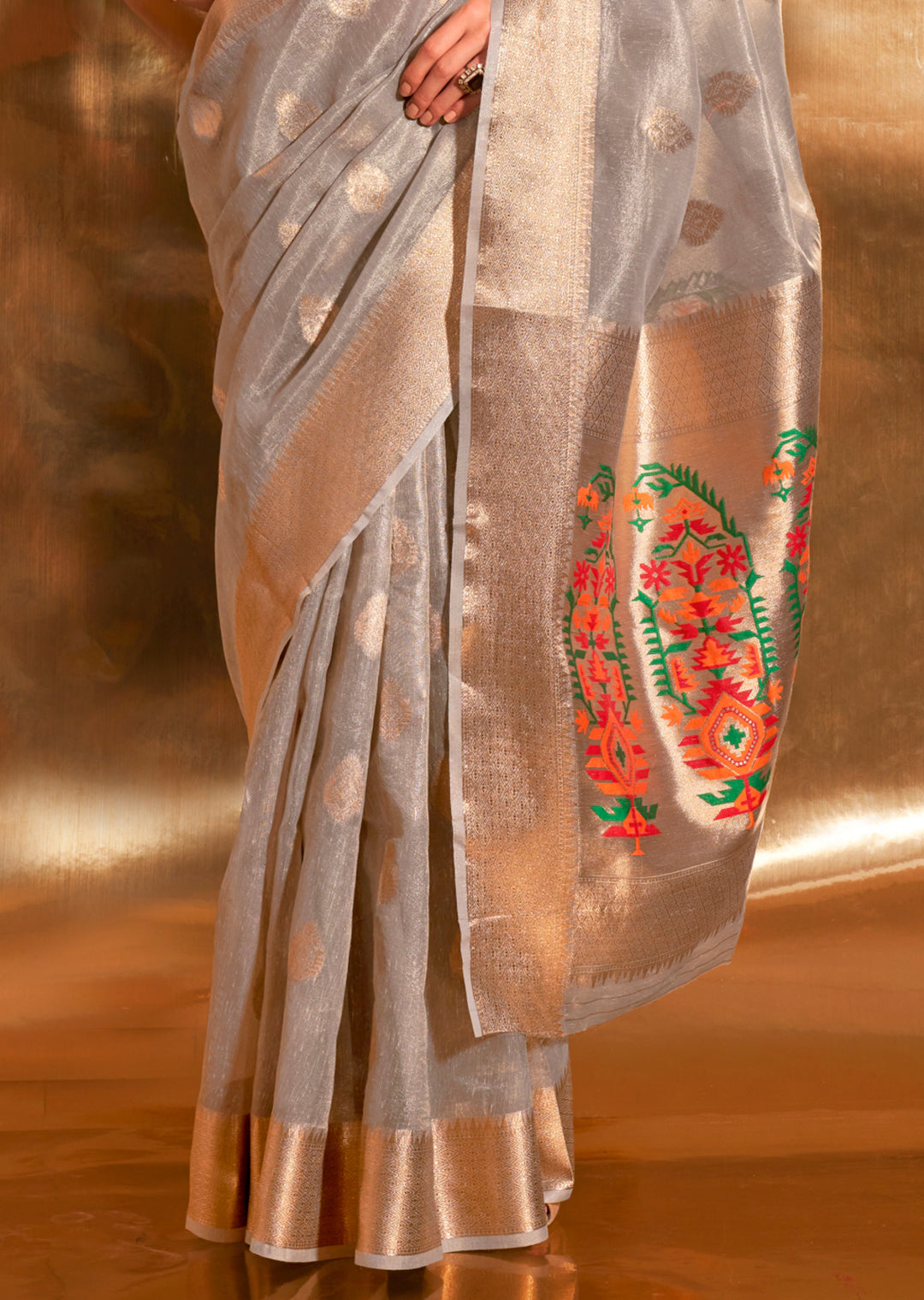 Grey Zari Woven Pure Paithani Tissue Silk Saree