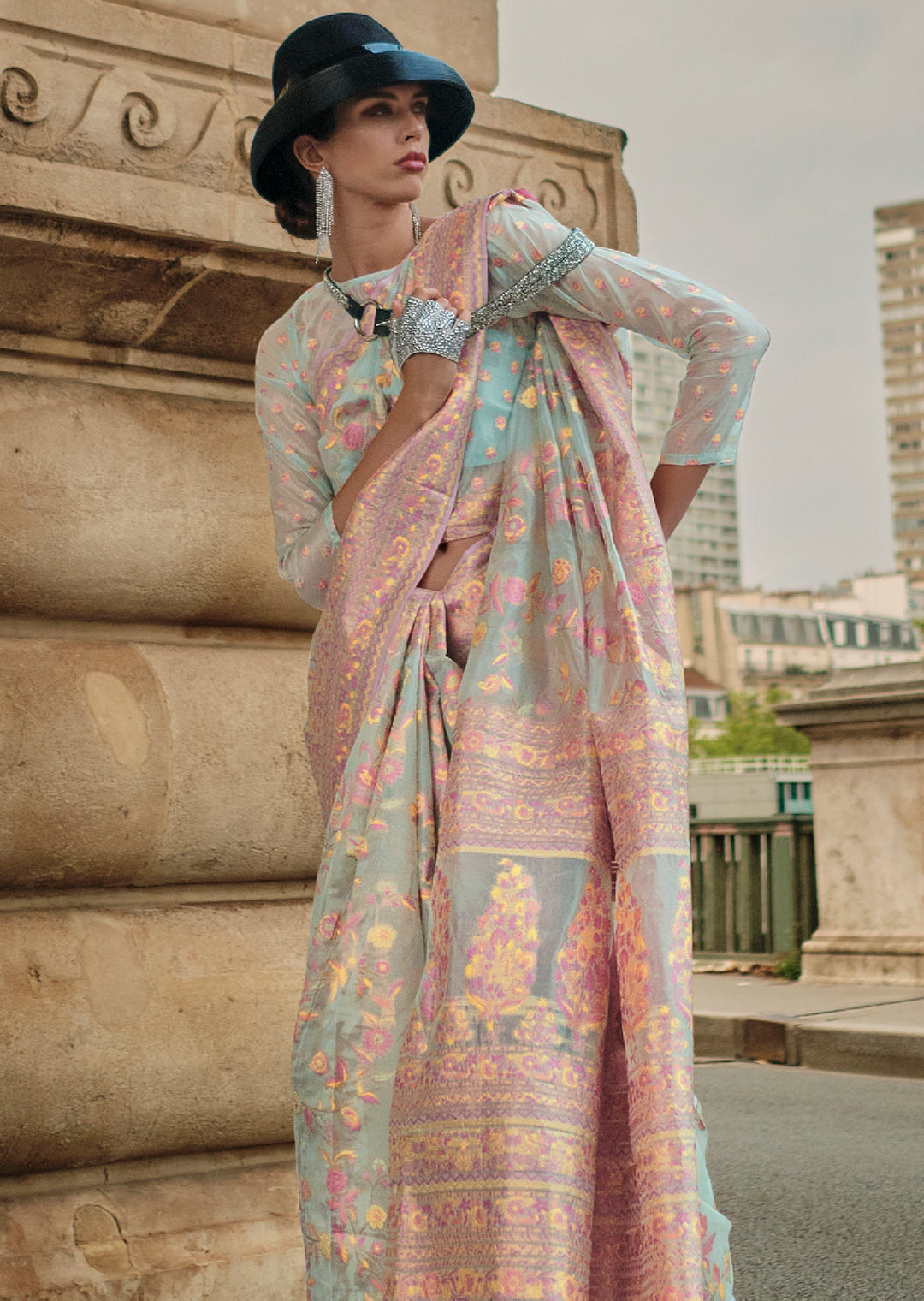 Mint Blue Woven Pure Handloom Kashmiri Organza Silk Saree