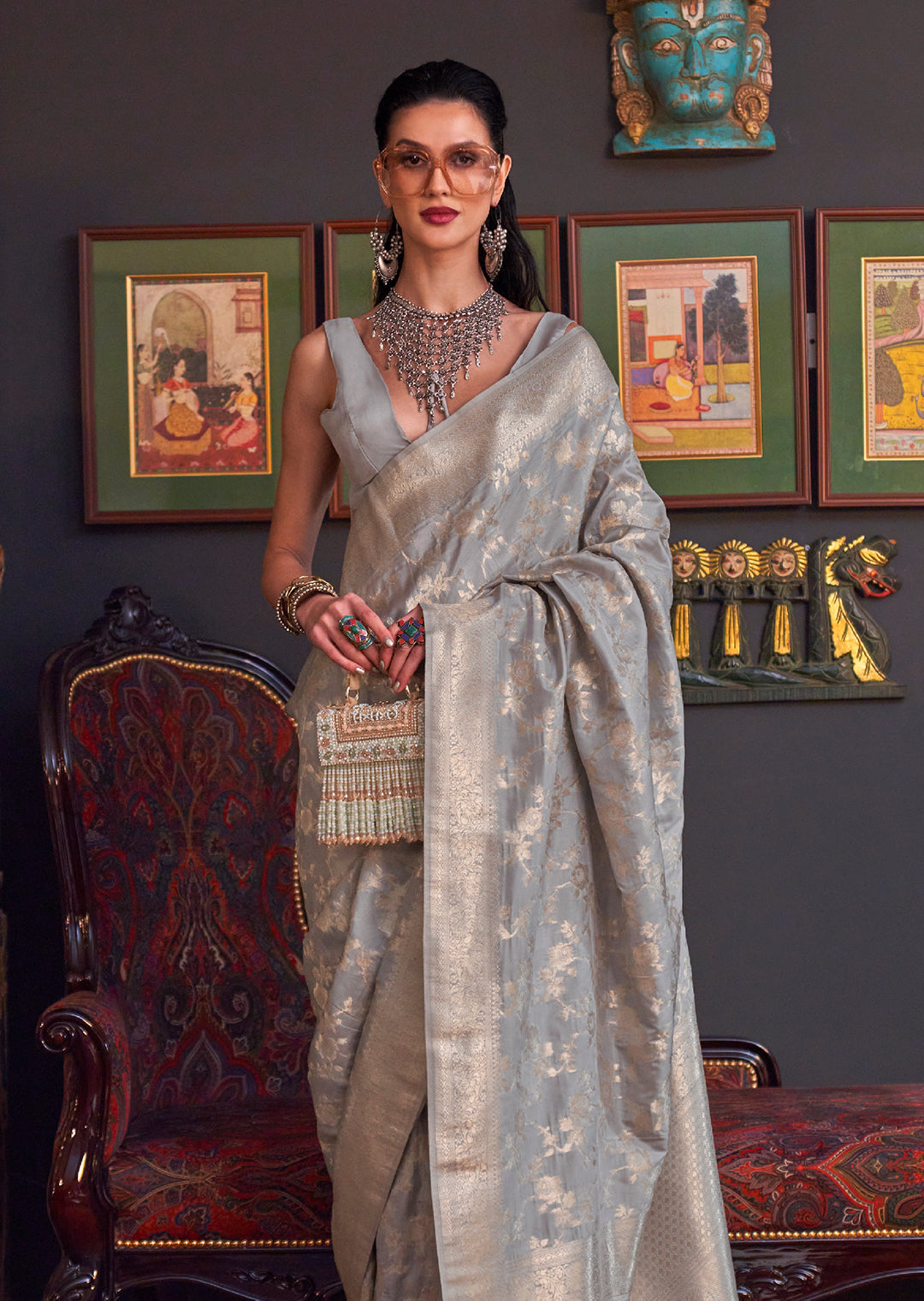 Cloud Grey Woven Pure Handloom Katan Silk Saree