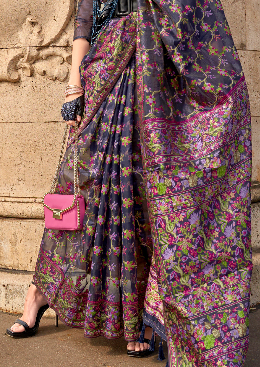 Midnight Blue Woven Pure Handloom Parsi Organza Silk Saree