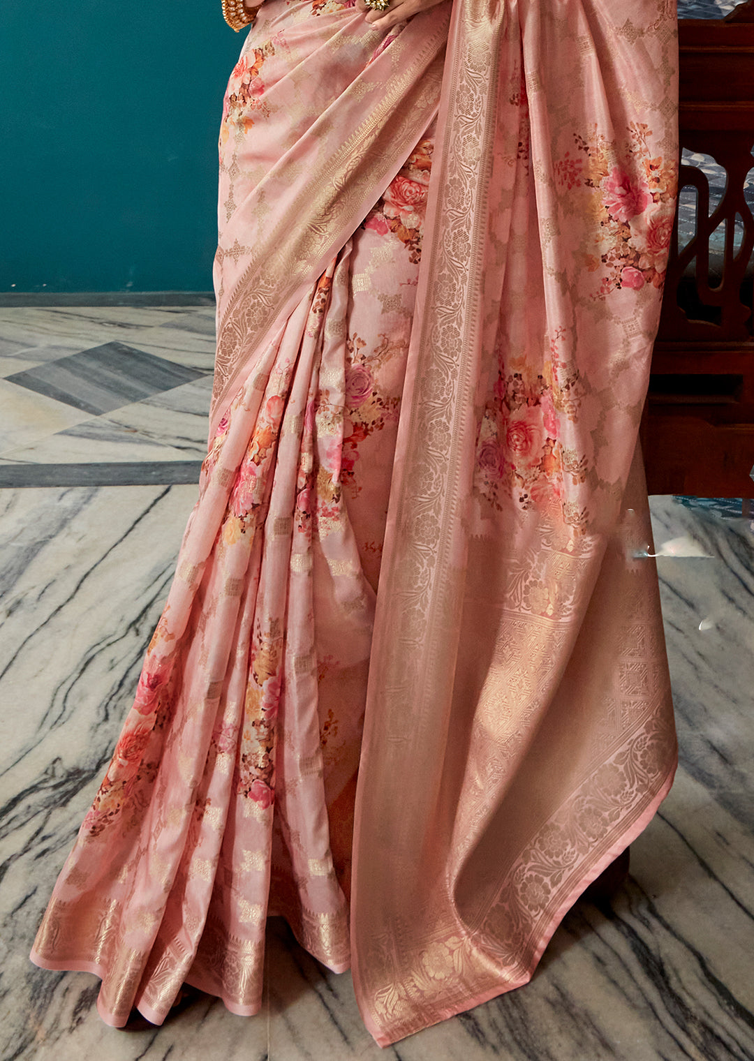 Peach Zari Woven Printed Handloom Crepe Silk Saree