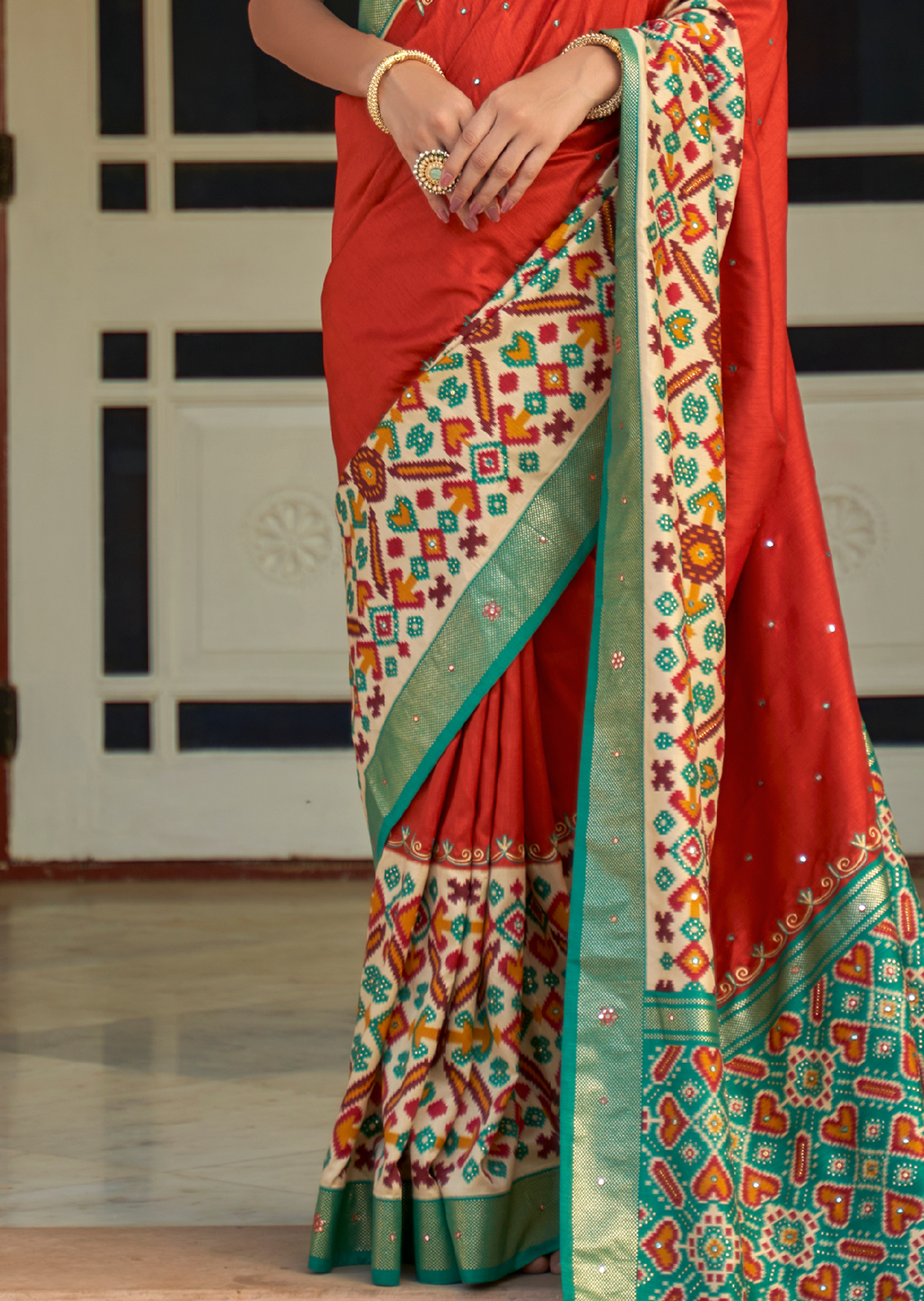 Coral Red Woven Traditional Patola Silk Saree