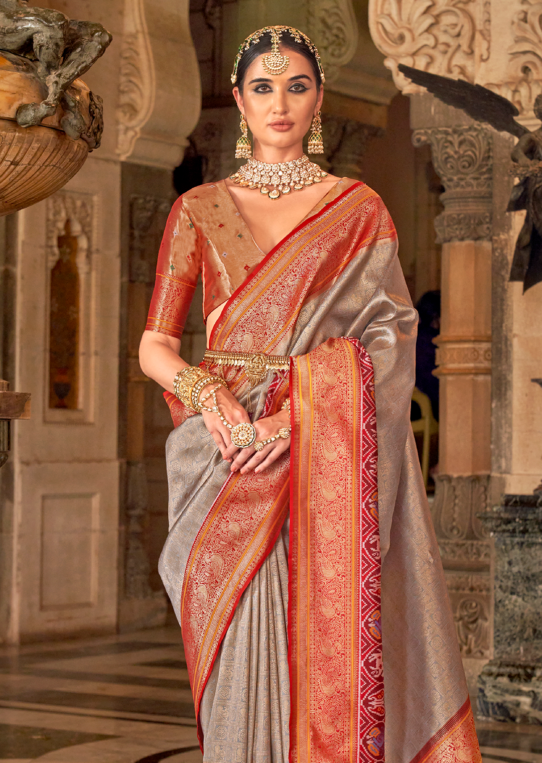 Cloud Grey & Red	Woven Royal Patola Kanjivaram Silk Saree