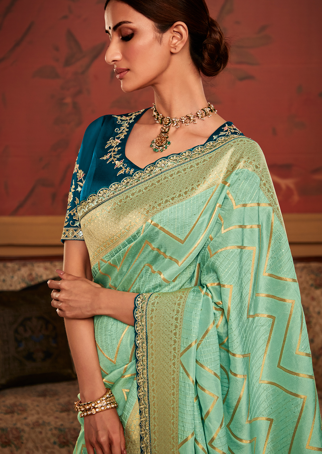 PEARL AQUA  PURE CREPE SILK DESIGNER BANARASI SAREE