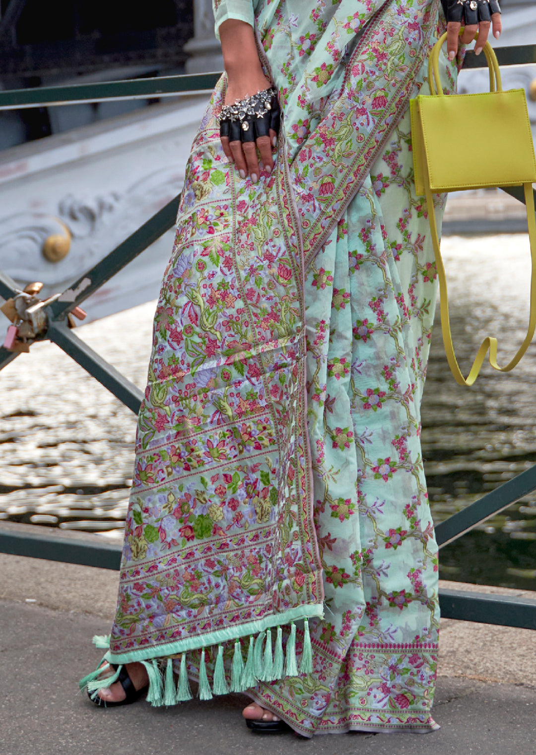 Mint Green Woven Pure Handloom Parsi Organza Silk Saree