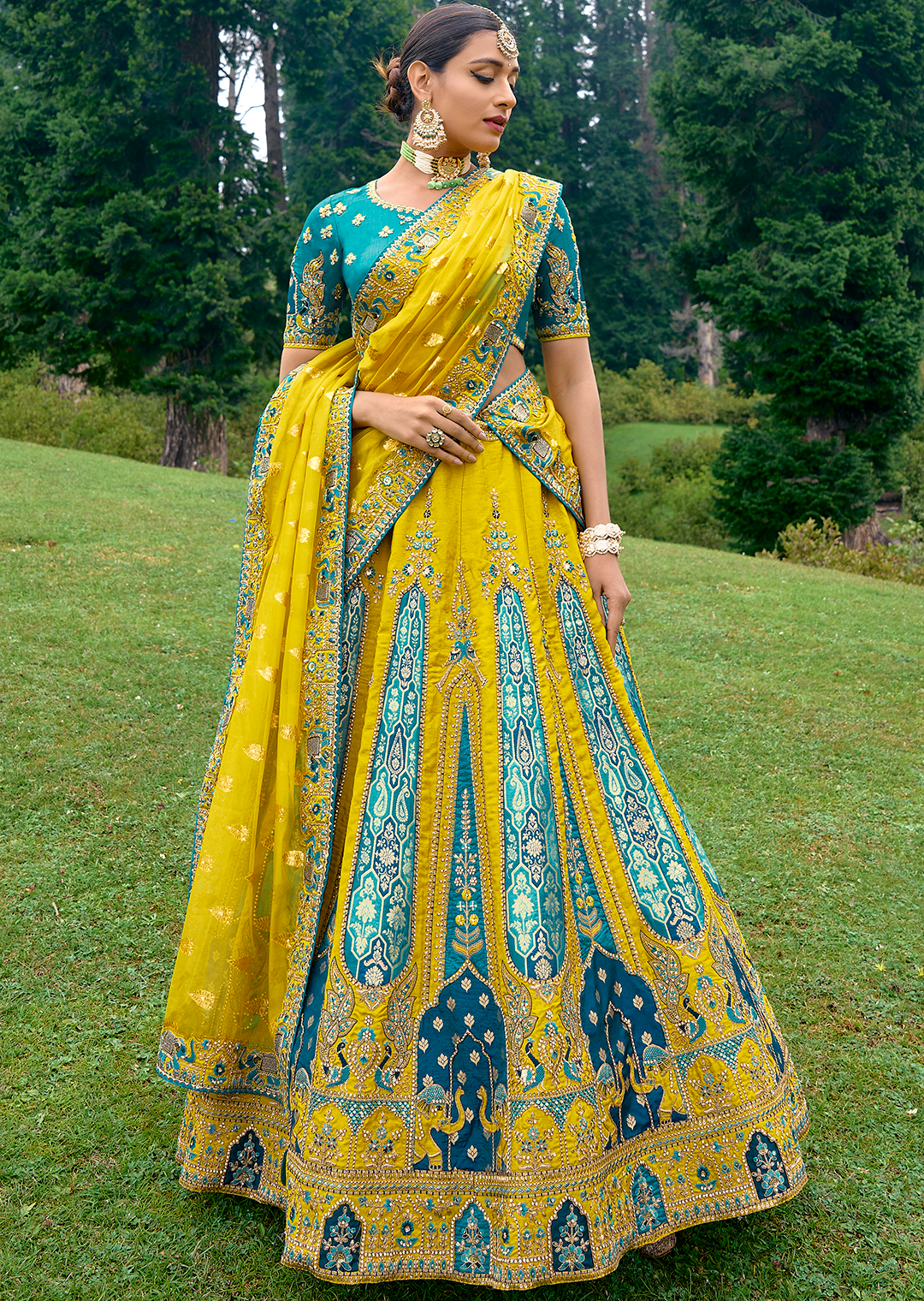 Canary Yellow Heavy Embroidered Premium Designer Silk Lehenga