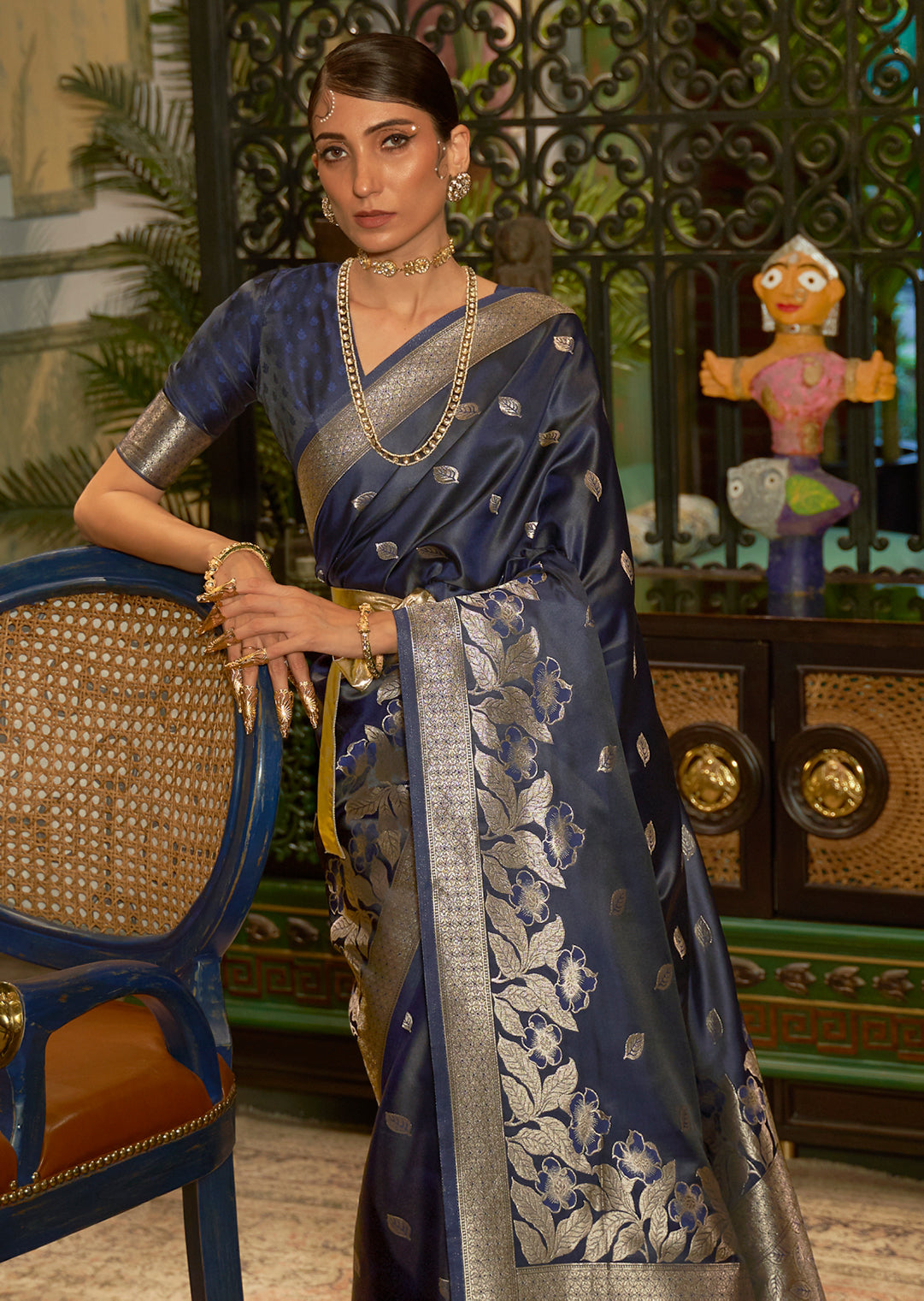 Midnight Blue Zari Woven Handloom Pure Banarasi Satin Silk Saree